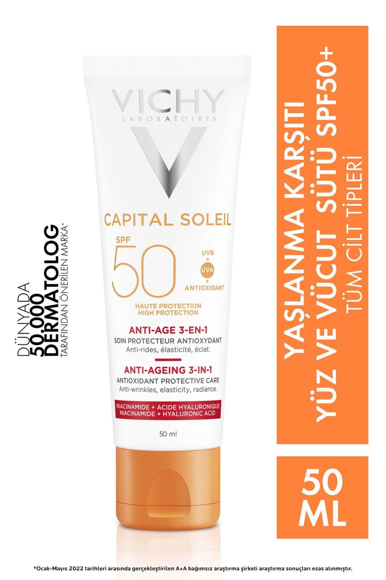 Vichy Capital Soleil Yüksek Korumalı 3ü1 Arada Yaşlanma Karşıtı Yüz Güneş Kremi Spf 50 (UVA UVB) 50 ml