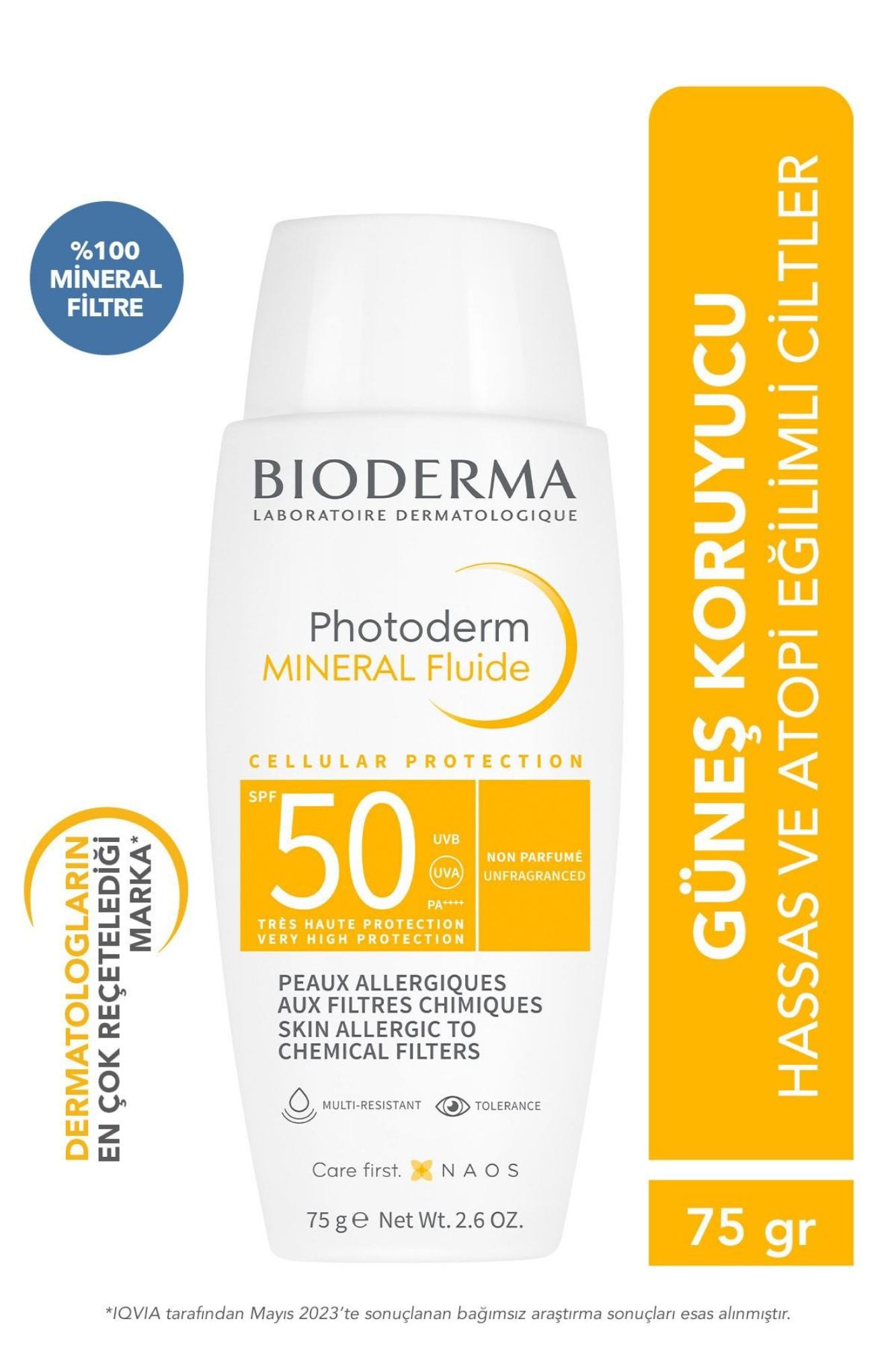 Bioderma Photoderm Mineral Fluid SPF50+ Çok Hassas Ciltler için Yüksek Koruma Yüz, Vücut Güneş Kremi 75 gr