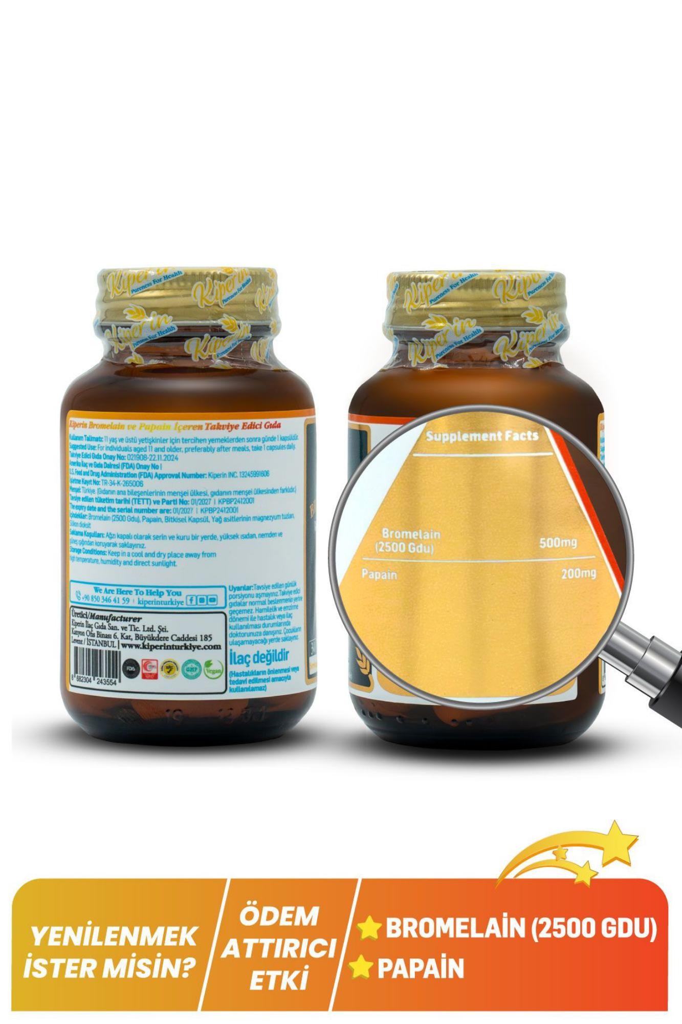 Kiperin Bromelain+Papain 30 Kapsül