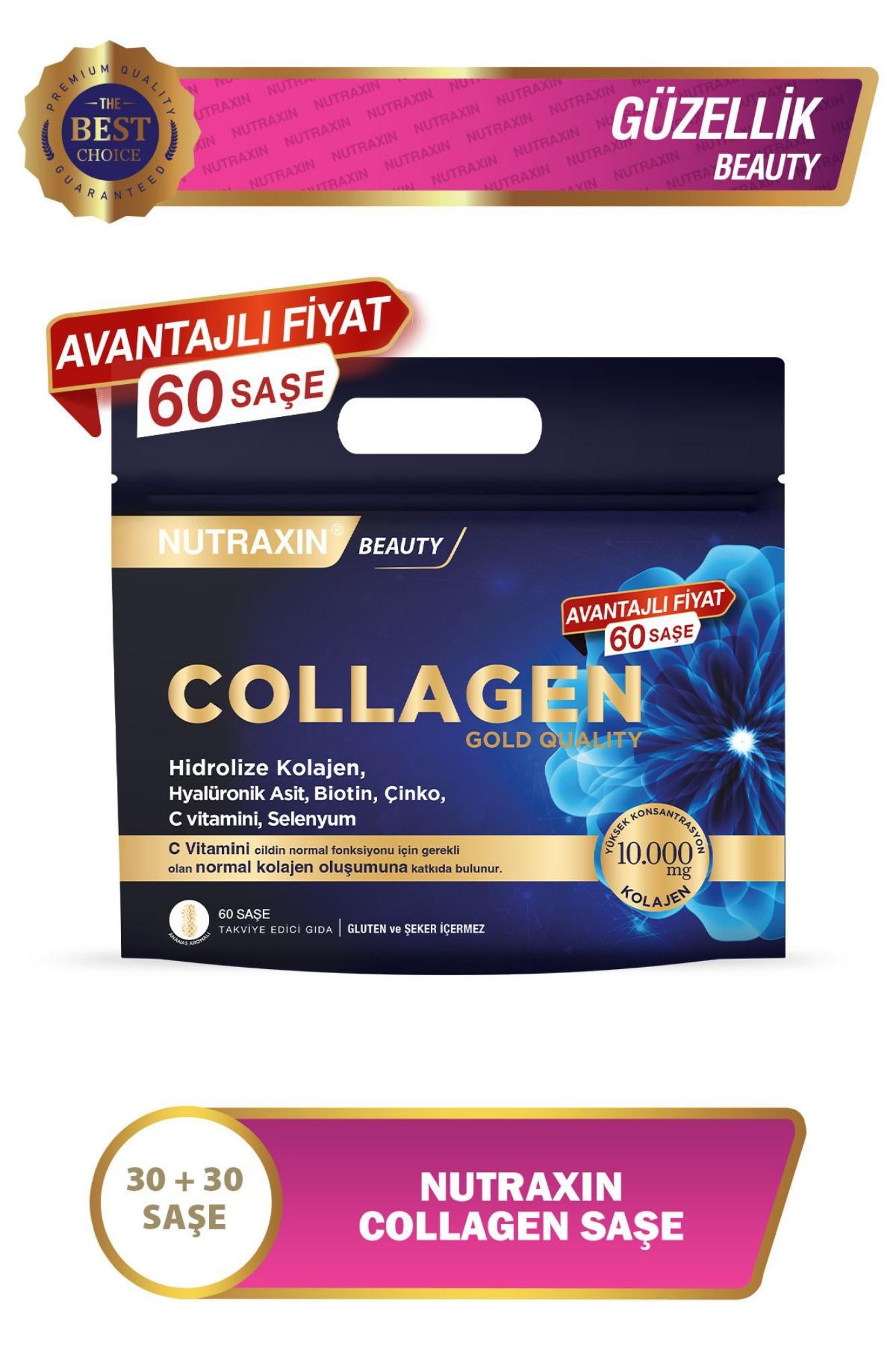 Nutraxin Collagen 60 Saşe 10.000 Mg Tip 1 Tip 3 Ananas Aromalı Avantajlı Çanta Set