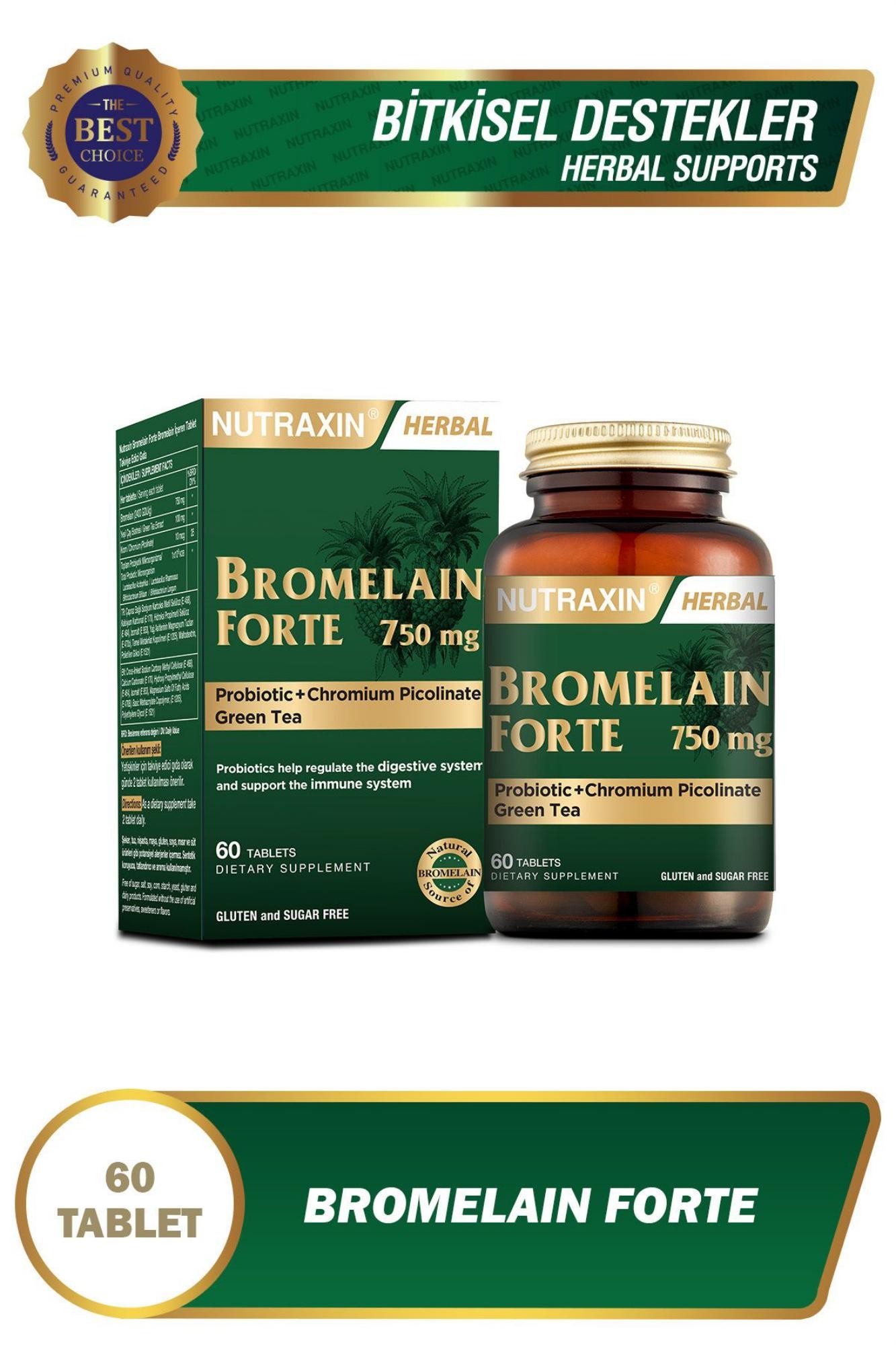 Nutraxin Bromelain Forte Bromelain Krom Probiyotik 750 Mg 60 Tablet