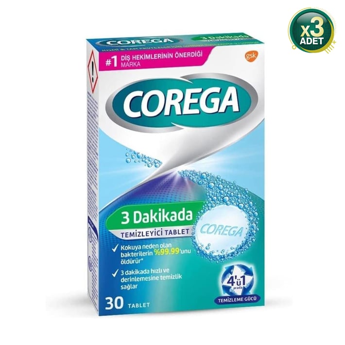 Corega 3 Dakikada Diş Protezi Temizleyici 30 Tablet 3 Adet