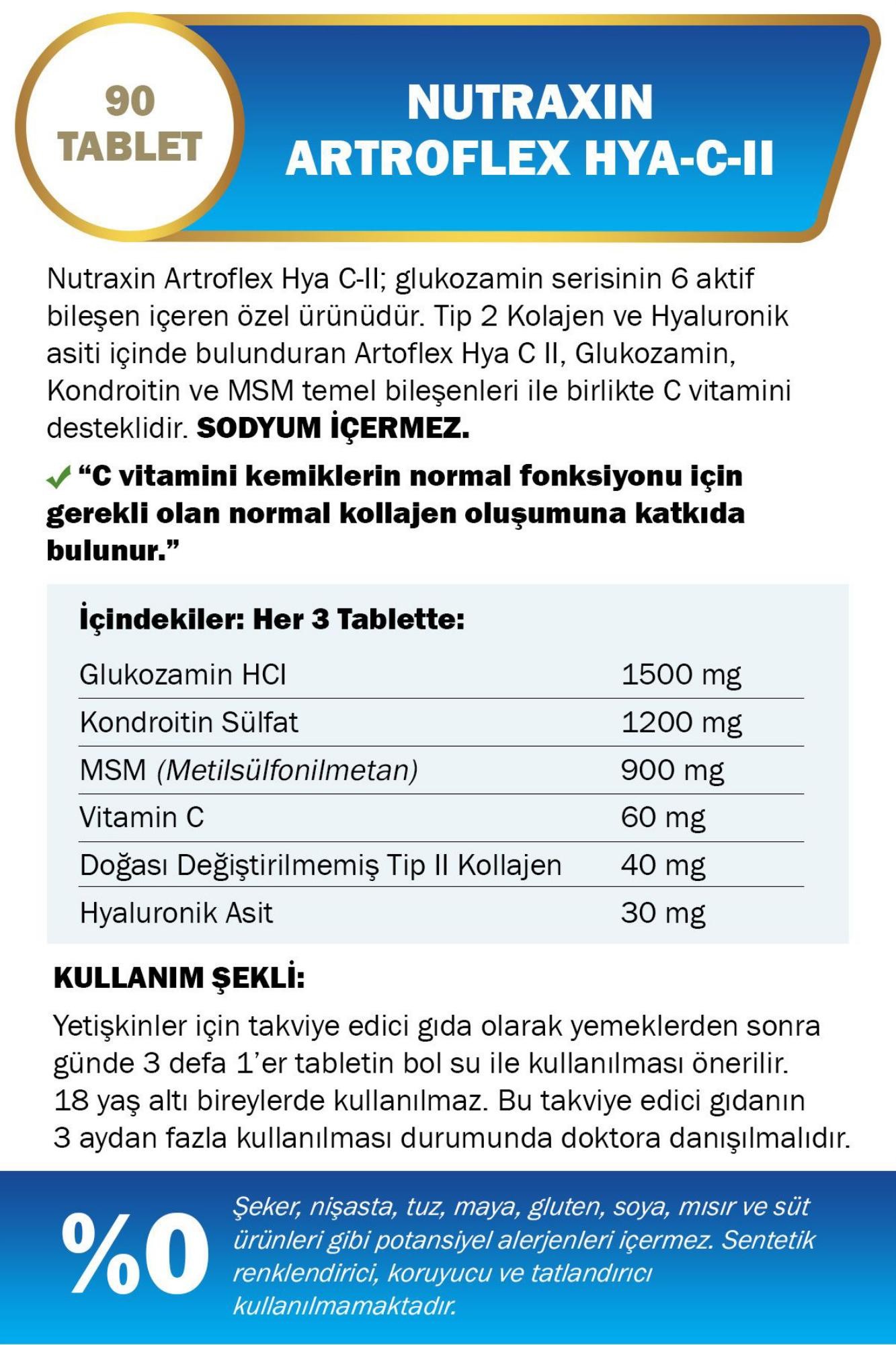 Nutraxin Artroflex Hya C-II 90 Tablet - Glukozamin Kondroitin MSM Tip 2 Kolajen Hyalüronik Asit Vitamin C