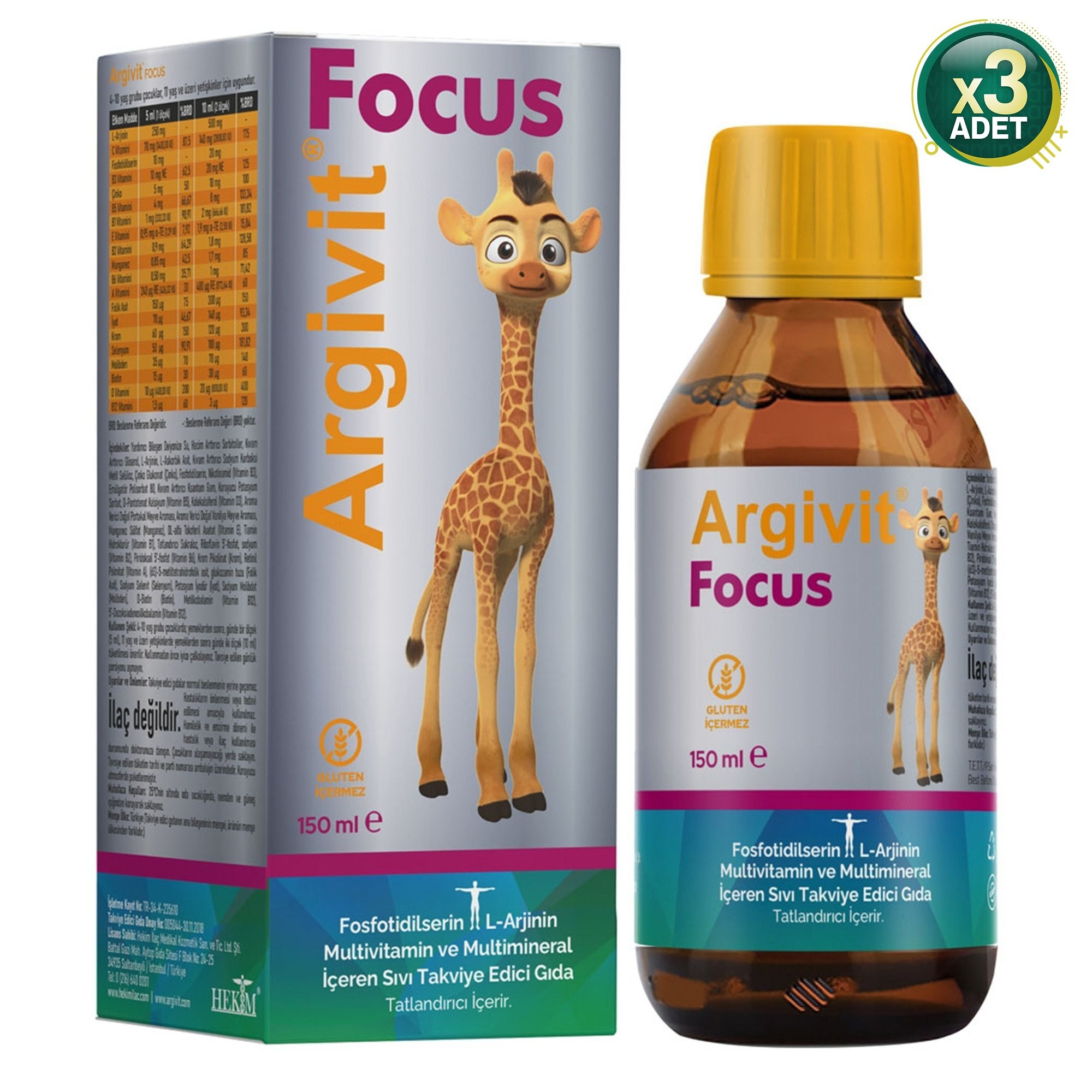 Argivit Focus Fosfatidilserin, L-arjinin, Multivitamin Ve Multimineral Şurup 150 ml - Karışık Meyve Aromalı 3 Adet