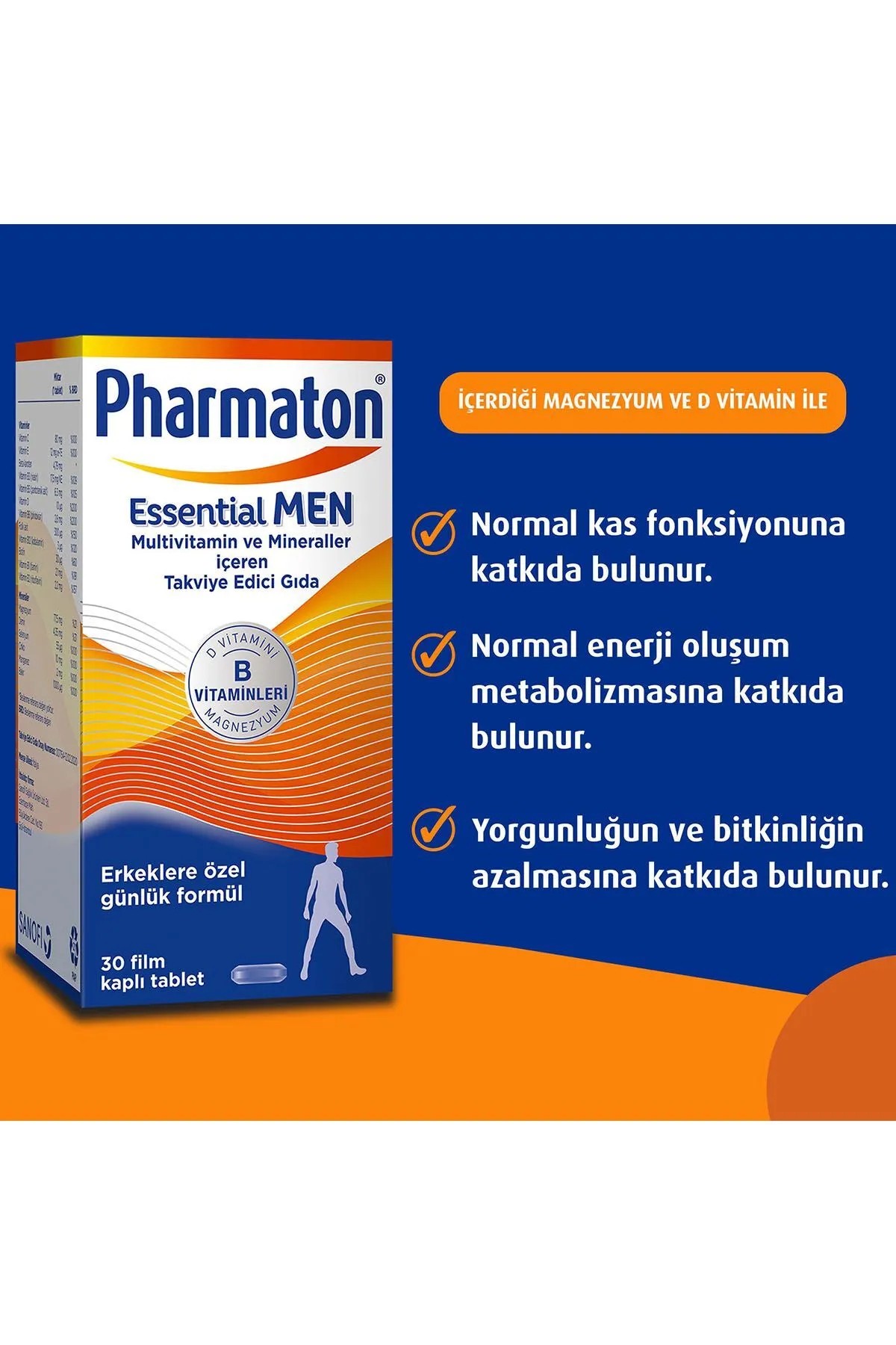 Pharmaton Essential Men 30 Tablet - Magnezyum, Vitamin B, Vitamin D, Multivitamin ve Mineraller