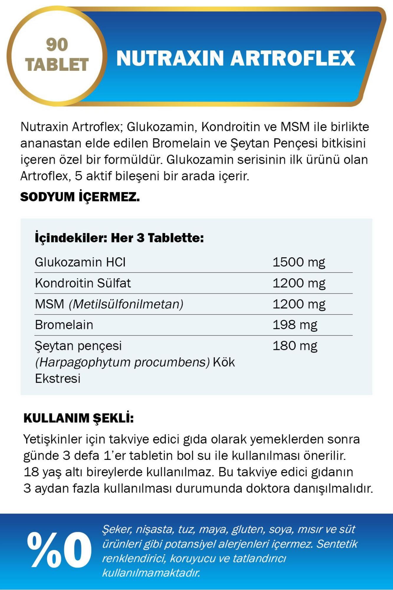 Nutraxin Artroflex - Glukozamin Gıda Takviyesi 90 Tablet - Glukozamin Kondroitin MSM Bromelain Seytan pençesi