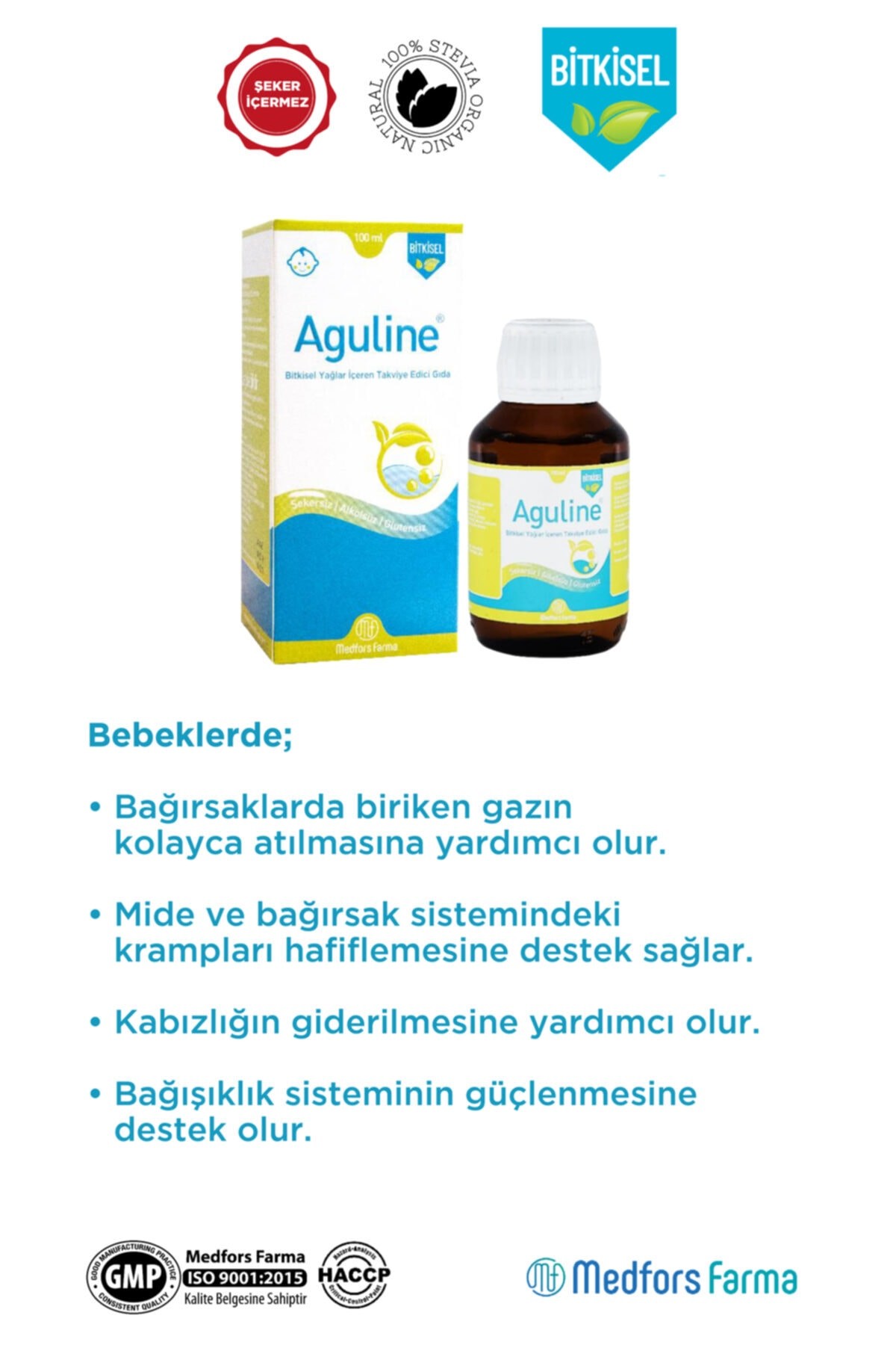 Aguline Bitkisel Gaz Şurubu 100 Ml - Rezene, Zencefil, Anason, Dereotu, ve Kimyon Yağları İçeren Şurup