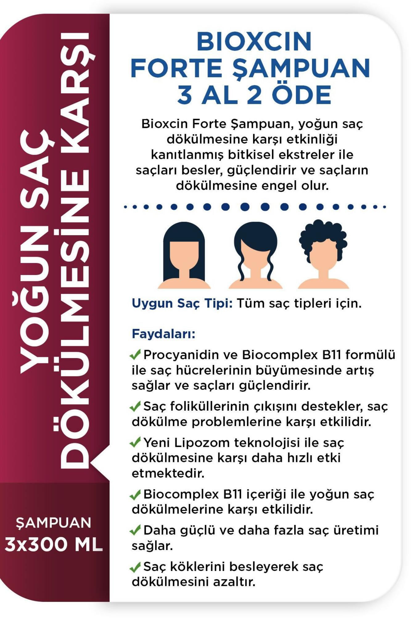 Bioxcin Forte Şampuan Tüm Saç Tipleri Için 3x300ml Yoğun Saç Dökülmesi Şampuanı