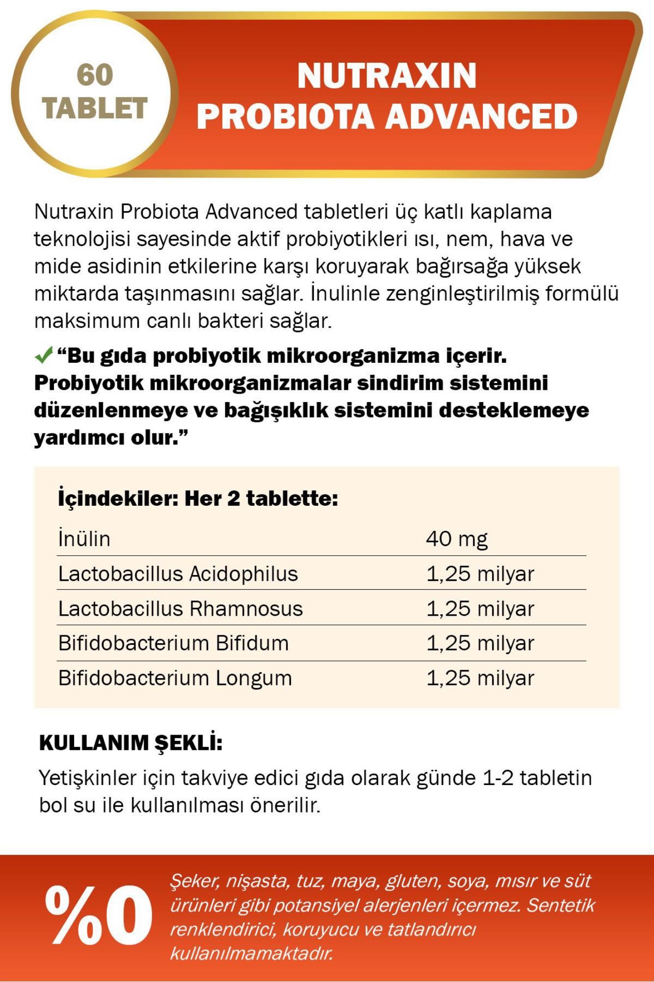 Nutraxin Probiota Advanced 60 Tablet - 5 Milyar Canlı Probiyotik