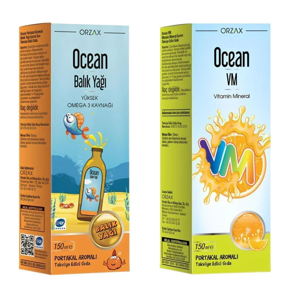 Ocean Portakallı Balık Yağı Şurubu 150 ml + Ocean Vm Şurup 150 ml Hediye