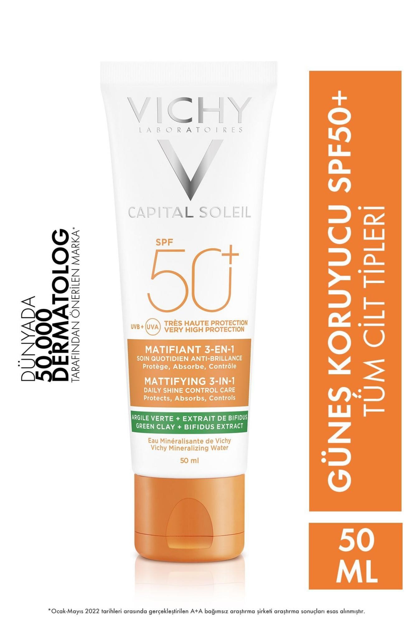 Vichy Capital Soleil Mattifying 3ü1 Arada Çok Yüksek Korumalı Matlaştırıcı Yüz Güneş Kremi Spf 50 , 50 ml