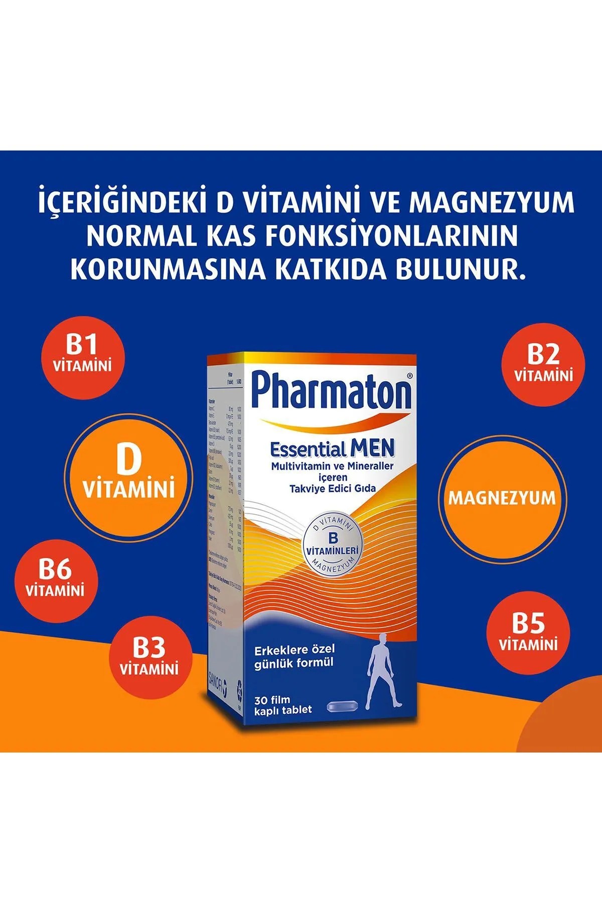 Pharmaton Essential Men 30 Tablet - Magnezyum, Vitamin B, Vitamin D, Multivitamin ve Mineraller