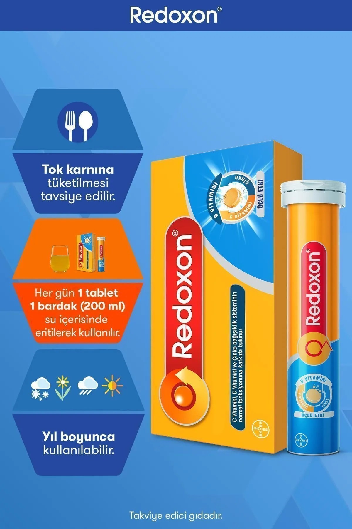 Redoxon Üçlü Etki C Vitamini D Vitamini Çinko Efervesan 30 Tablet