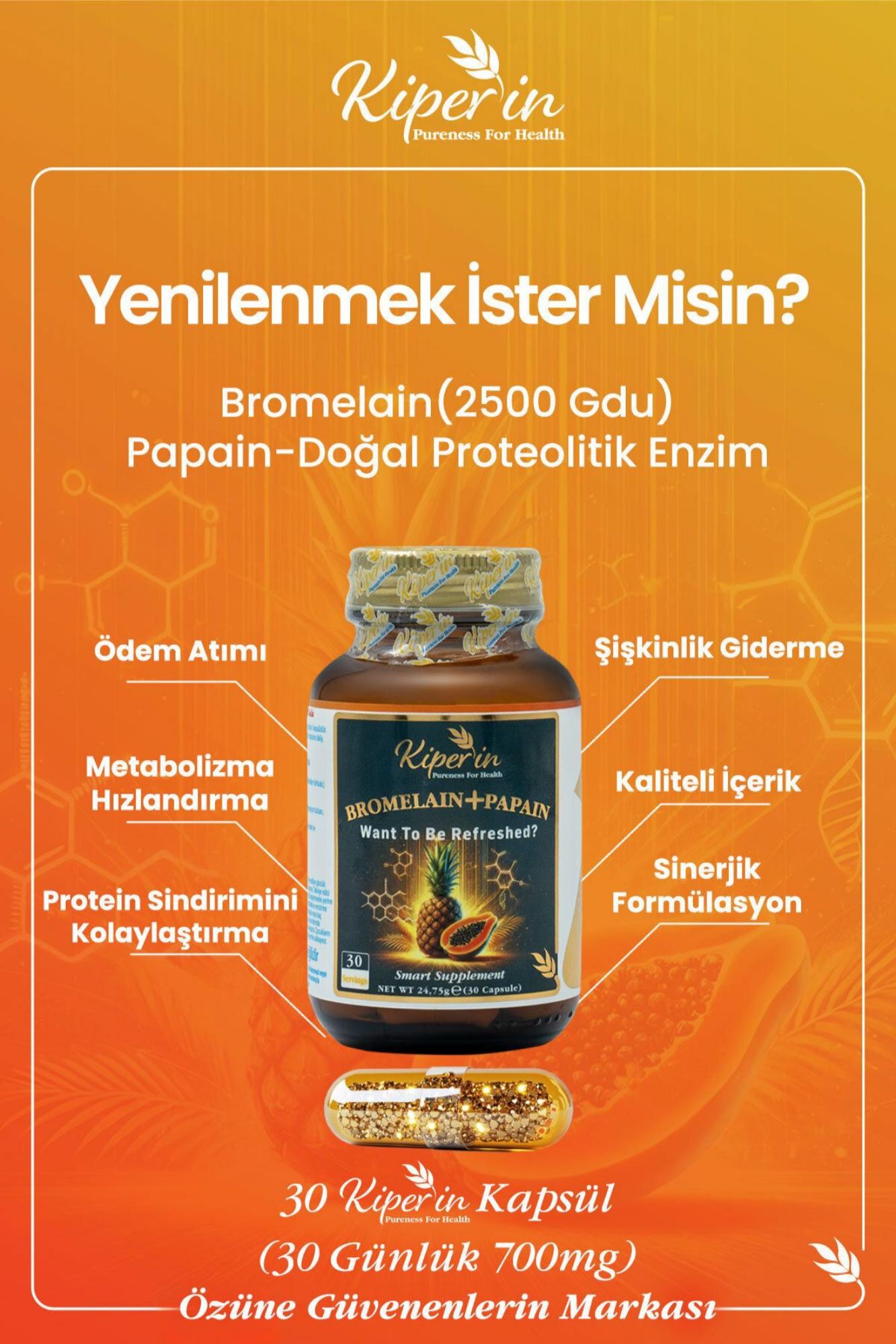 Kiperin Bromelain+Papain 30 Kapsül