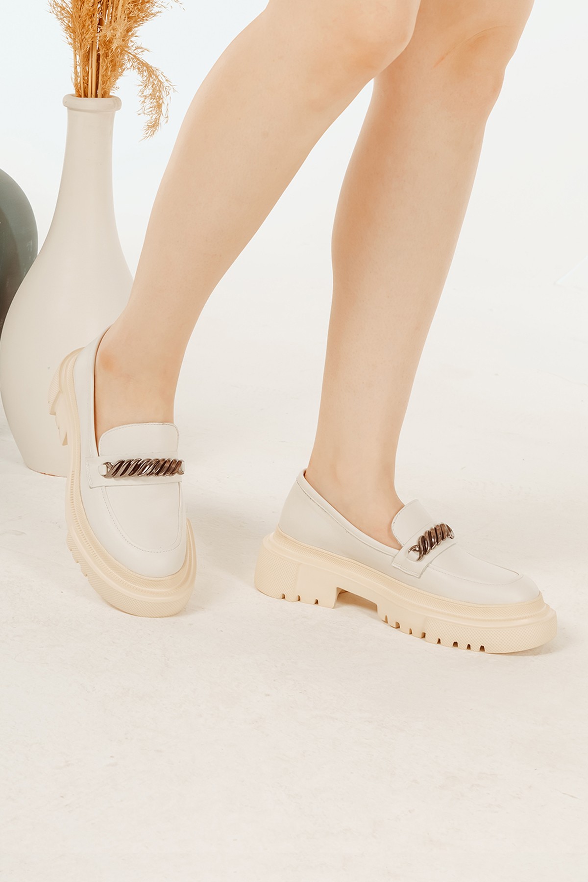 Cooliza Hakiki Deri Tokalı Günlük Kalın Taban Rahat Kadın Loafer Ayakkabı