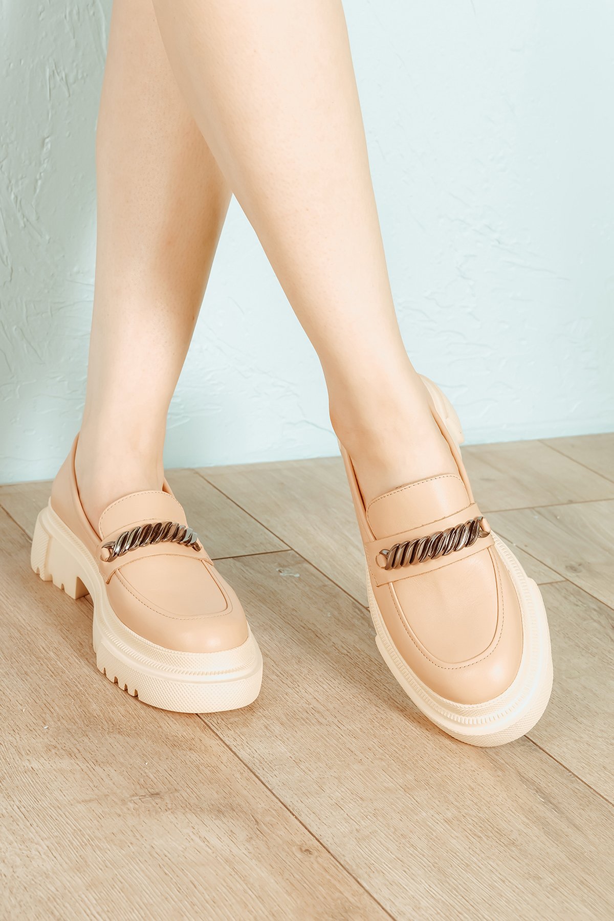 Cooliza Hakiki Deri Tokalı Günlük Kalın Taban Rahat Kadın Loafer Ayakkabı - Somon