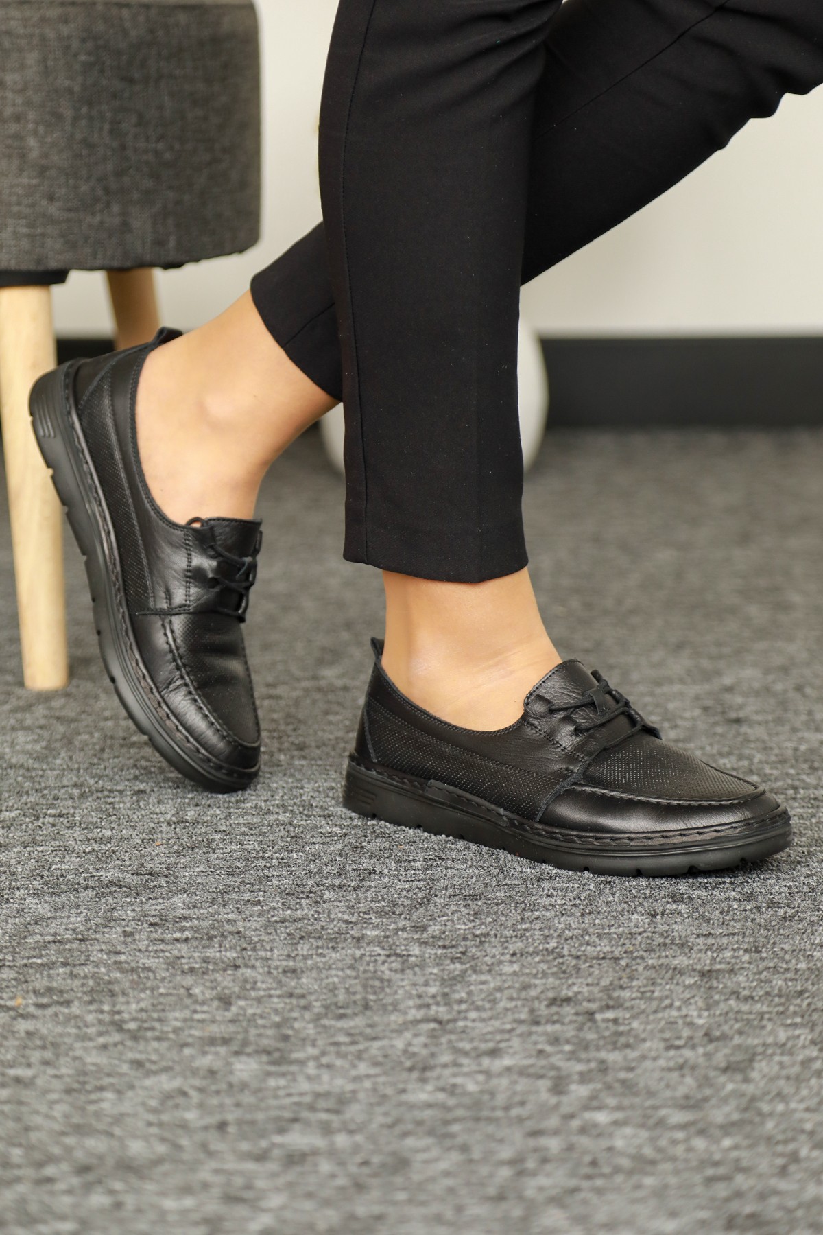 Cooliza Hakiki Deri Bağcıklı Günlük Rahat Kadın Casual Ayakkabı - Siyah