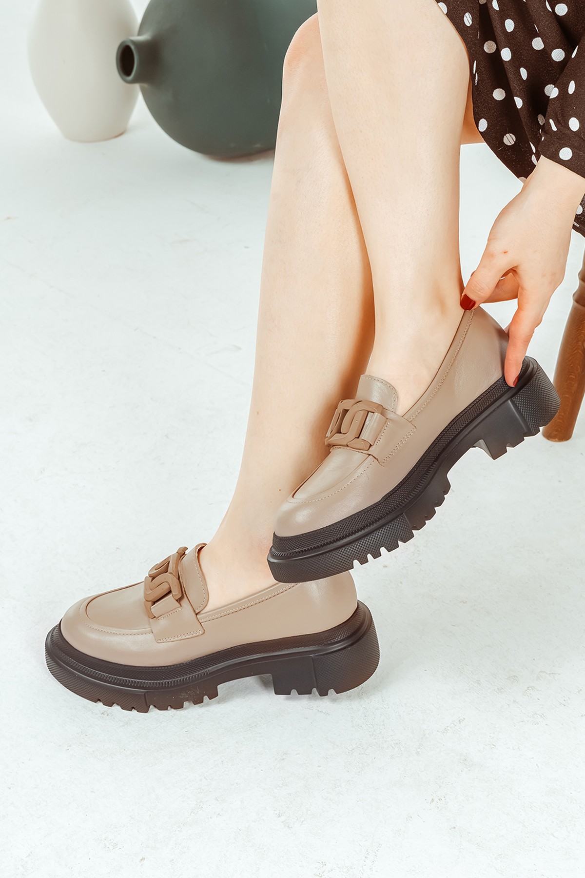 Cooliza Hakiki Deri Tokalı Günlük Kalın Taban Rahat Kadın Loafer Ayakkabı - Vizon