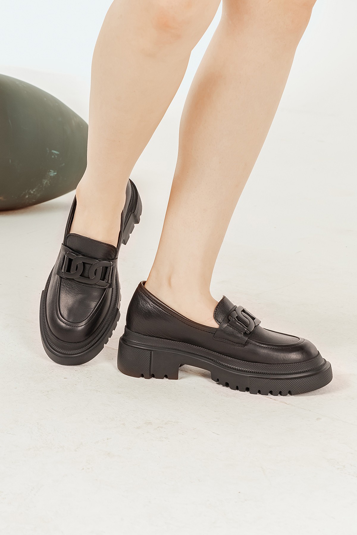 Cooliza Hakiki Deri Tokalı Günlük Kalın Taban Rahat Kadın Loafer Ayakkabı - Siyah
