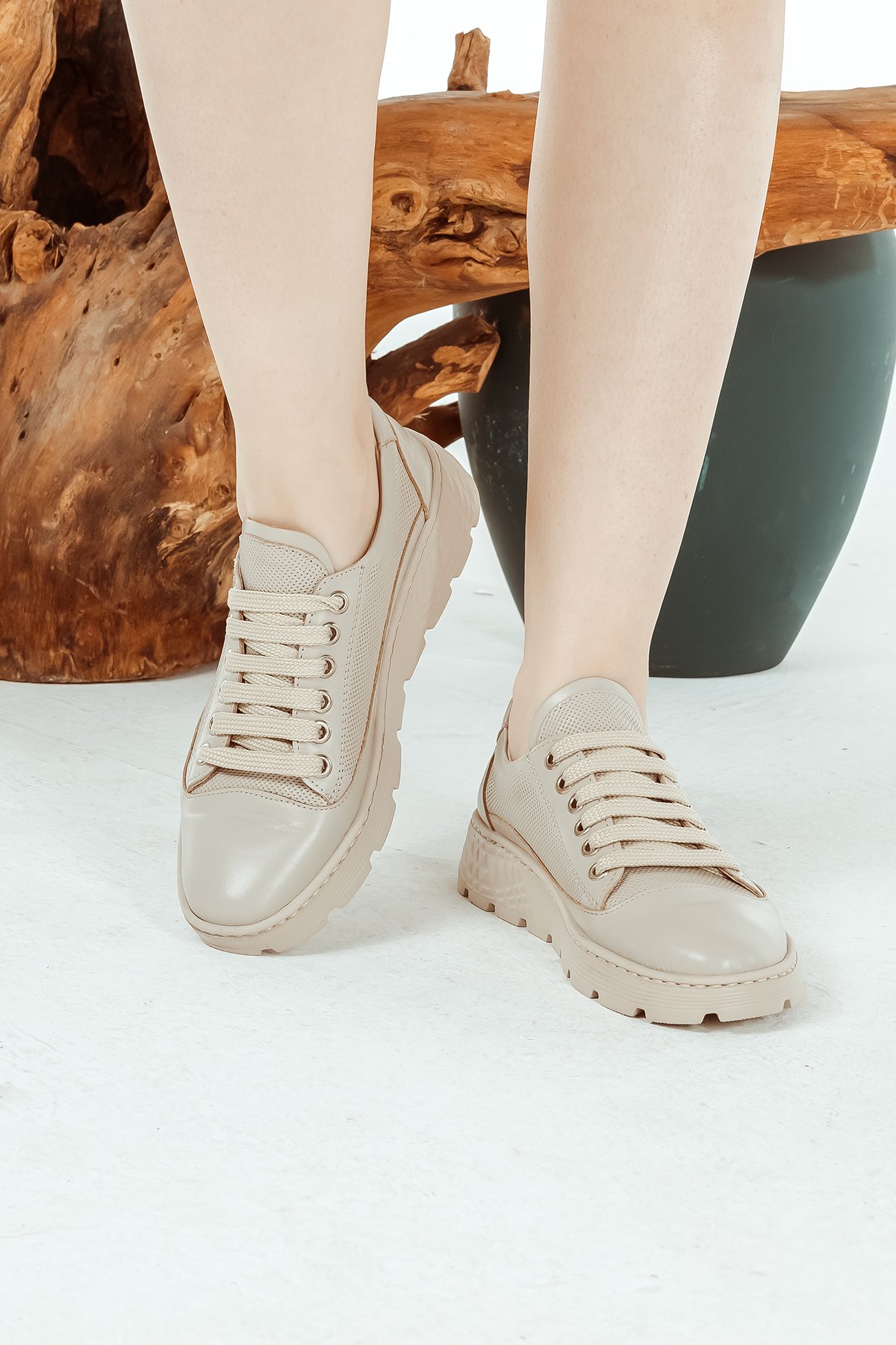 Cooliza Hakiki Deri Bağcıklı Rahat Kadın Günlük Casual Ayakkabı - Bej