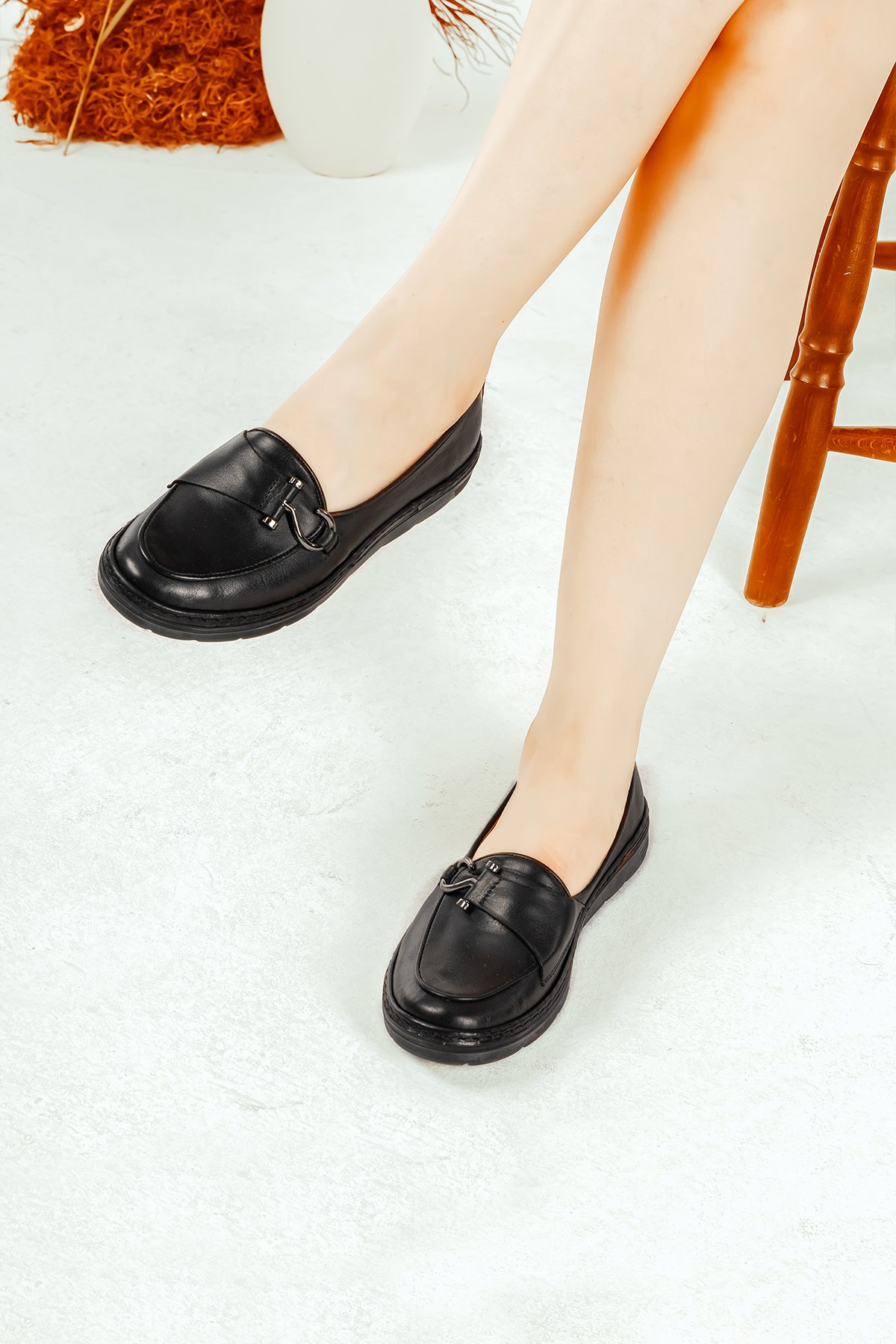 Cooliza Hakiki Deri Toka Detaylı Günlük Rahat Kadın Babet Casual Ayakkabı - Siyah