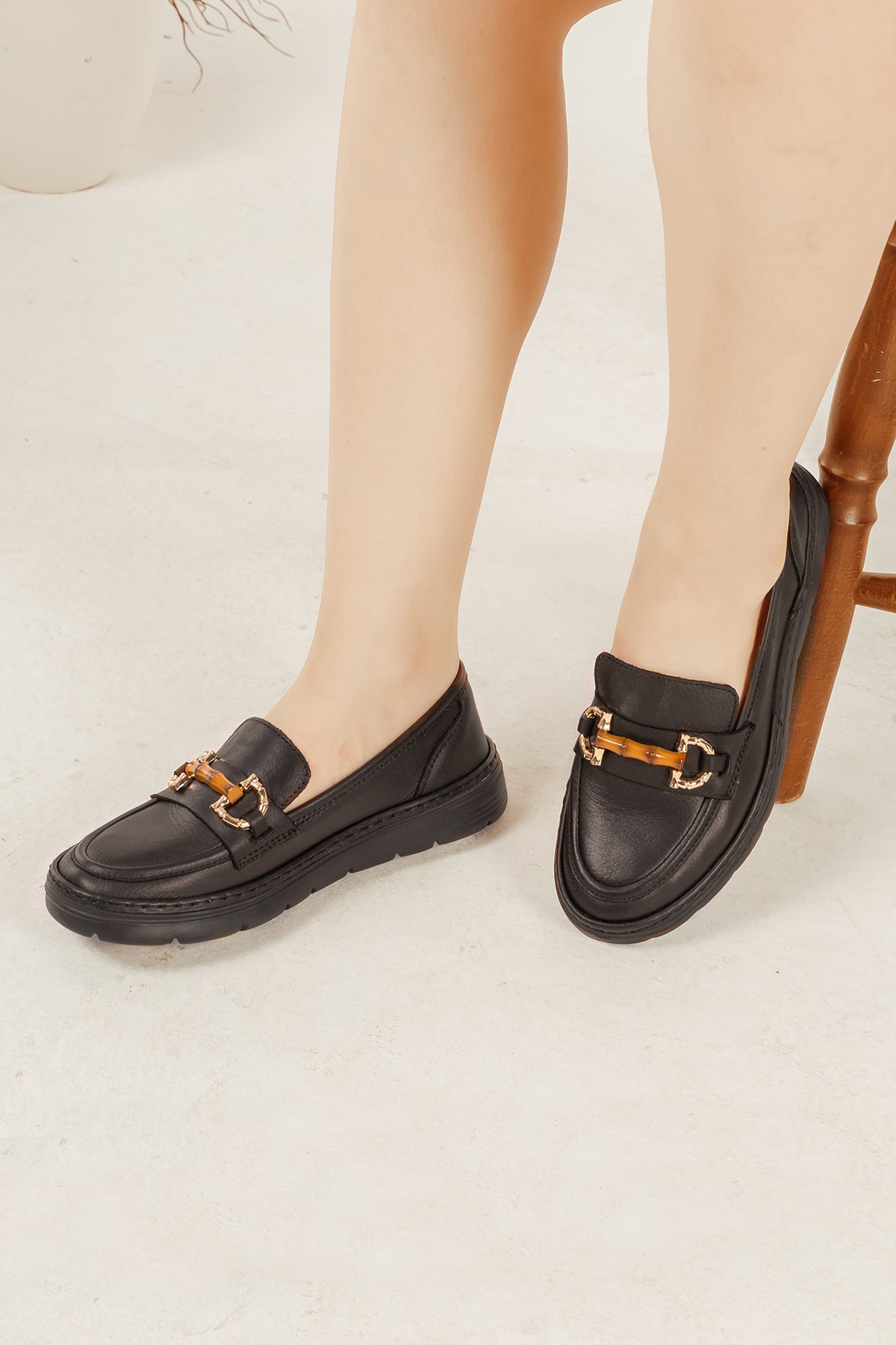 Cooliza Hakiki Deri Toka Detaylı Günlük Rahat Kadın Babet Casual Ayakkabı - Siyah