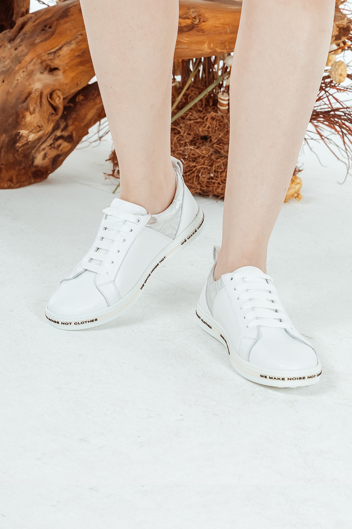 Cooliza Hakiki Deri Bağcıklı Günlük Rahat Kadın Yürüyüş Spor Ayakkabı - Beyaz