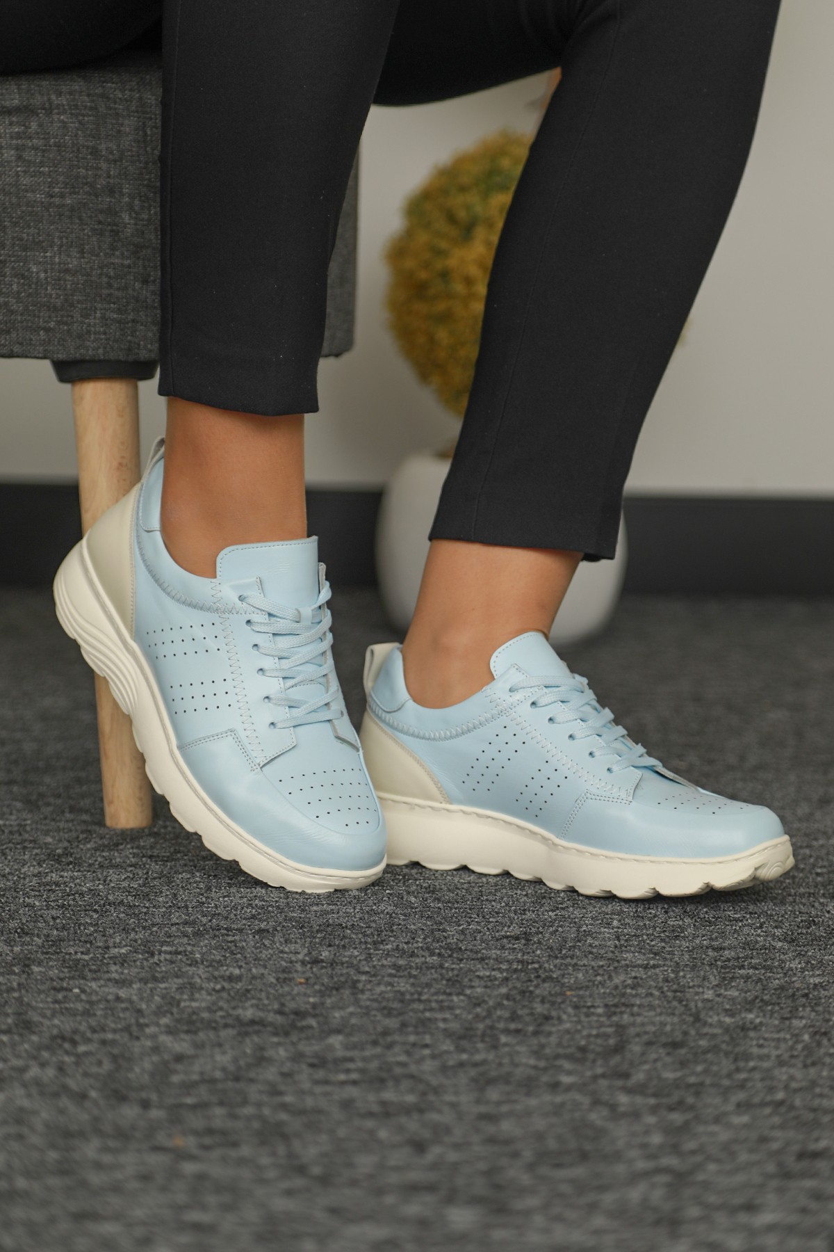 Cooliza Hakiki Deri Renkli Bağcıklı Günlük Rahat Kadın Yürüyüş Spor Ayakkabı - Mavi
