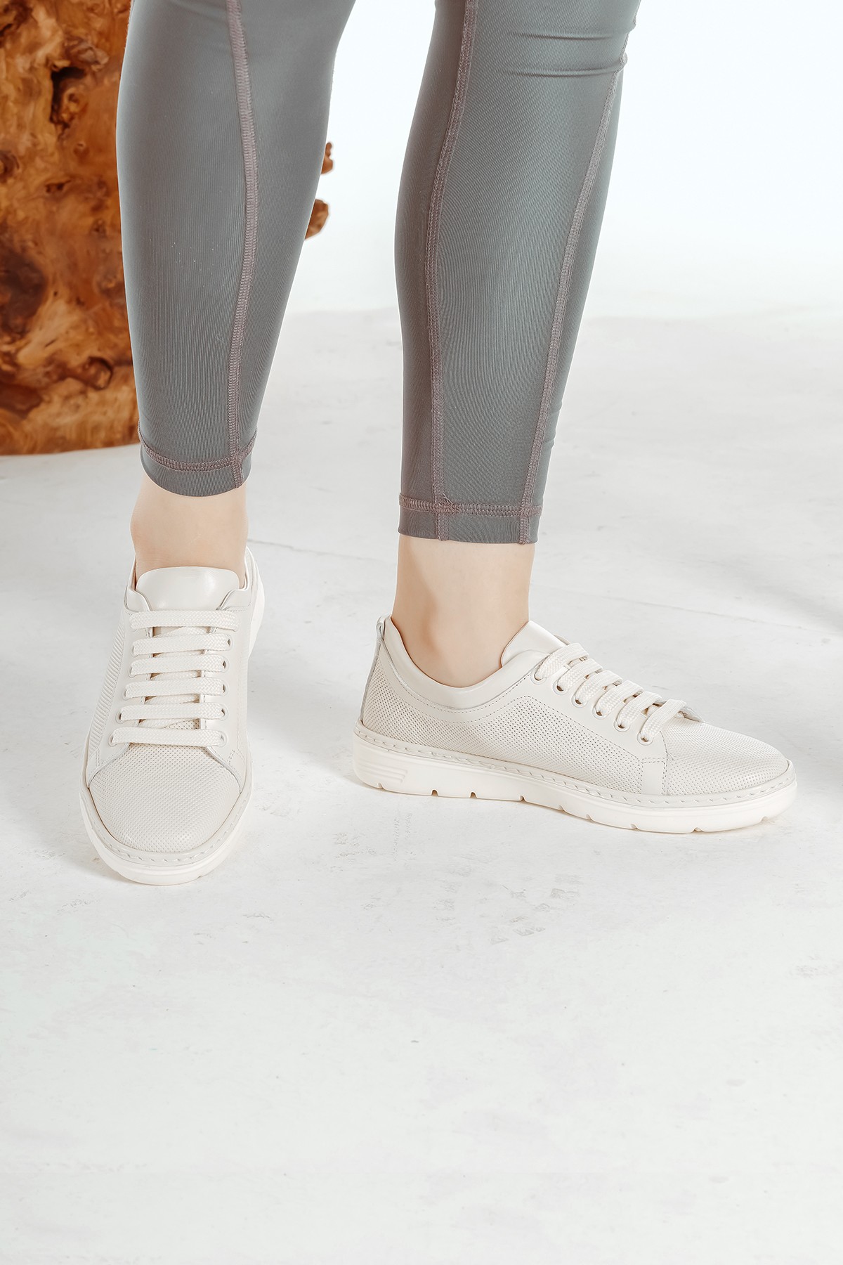 Cooliza Hakiki Deri Bağcıklı Eva Taban Hafif Rahat Kadın Günlük Casual Ayakkabı - Beyaz