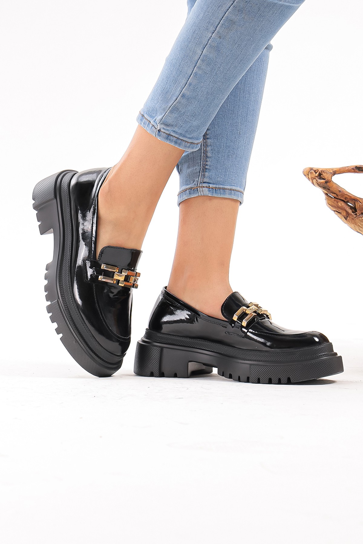 Cooliza Hakiki Deri Tokalı Günlük Kalın Taban Rahat Kadın Loafer Ayakkabı - Rugan Siyah