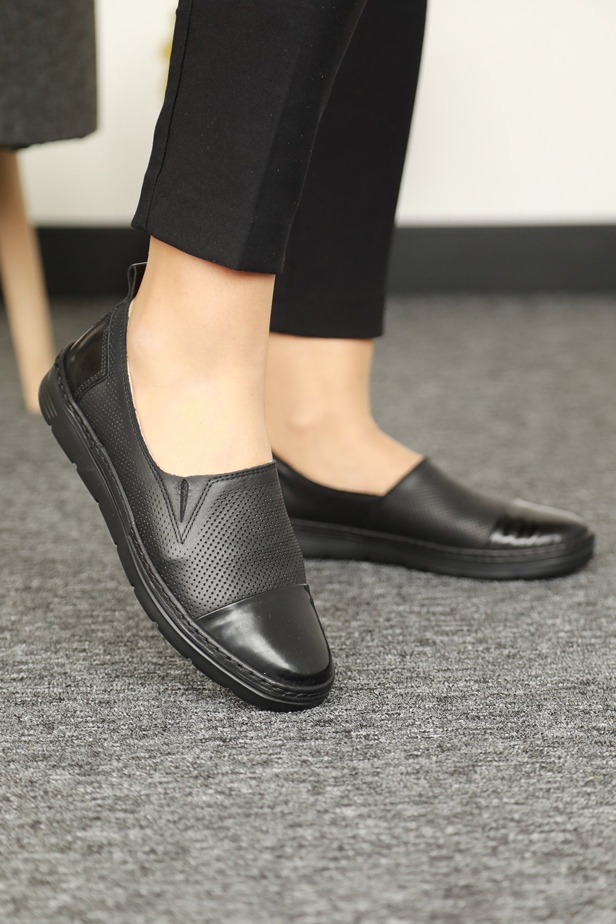 Cooliza Hakiki Deri Lastikli Rahat Kadın Günlük Casual Babet Ayakkabı 