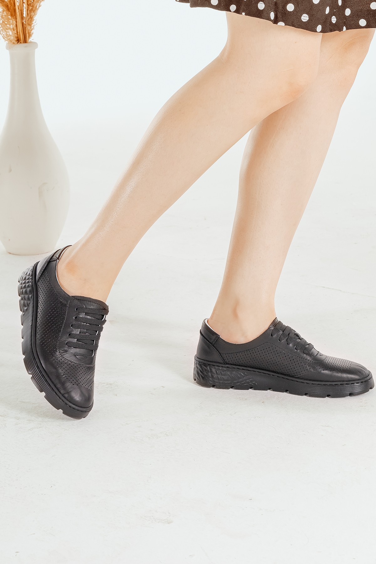 Cooliza Hakiki Deri Bağcıklı Baskılı Rahat Kadın Günlük Casual Ayakkabı