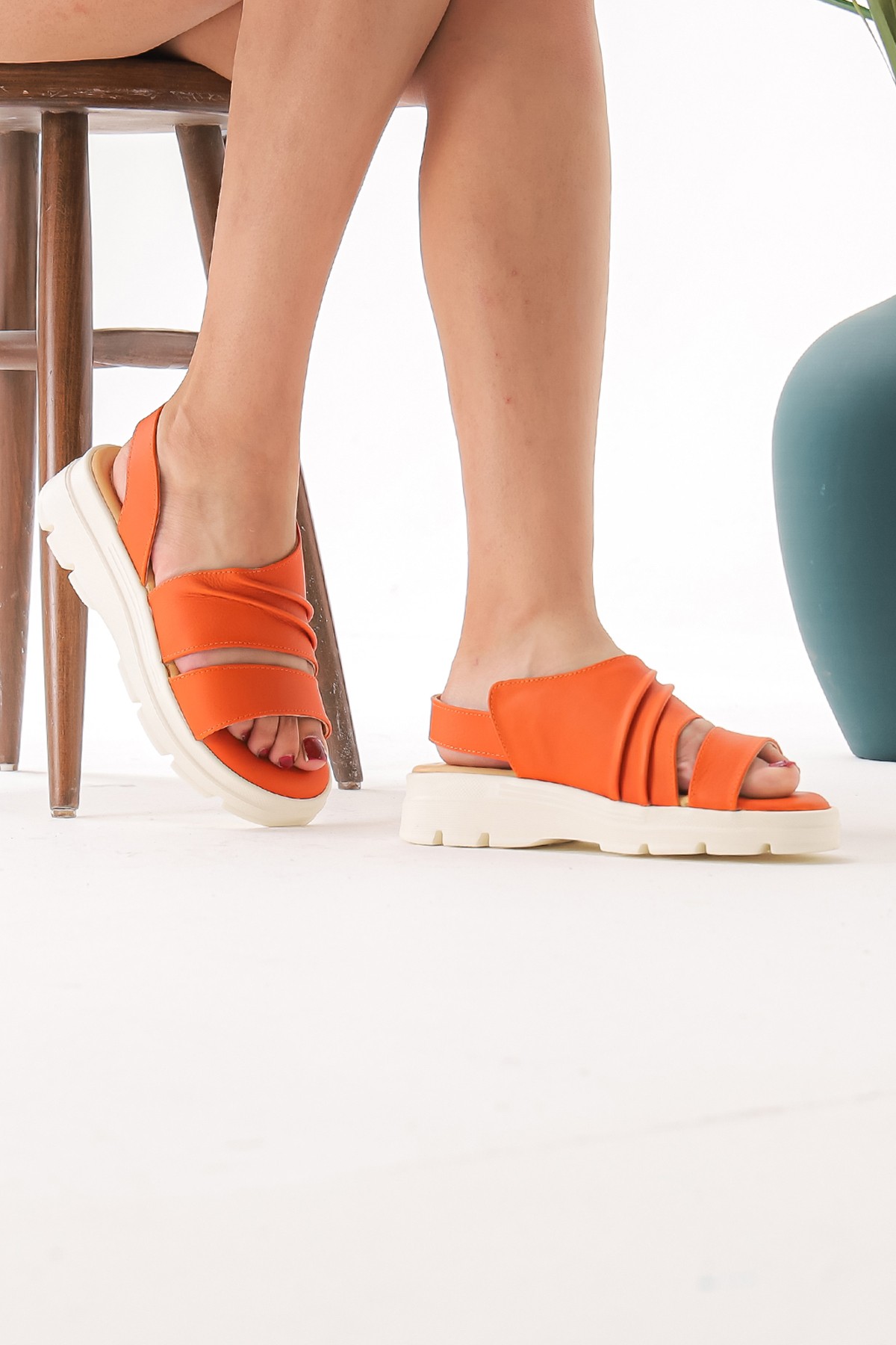 Cooliza Hakiki Lastikli Kadın Rahat Günlük Sandalet Ayakkabı - Turuncu