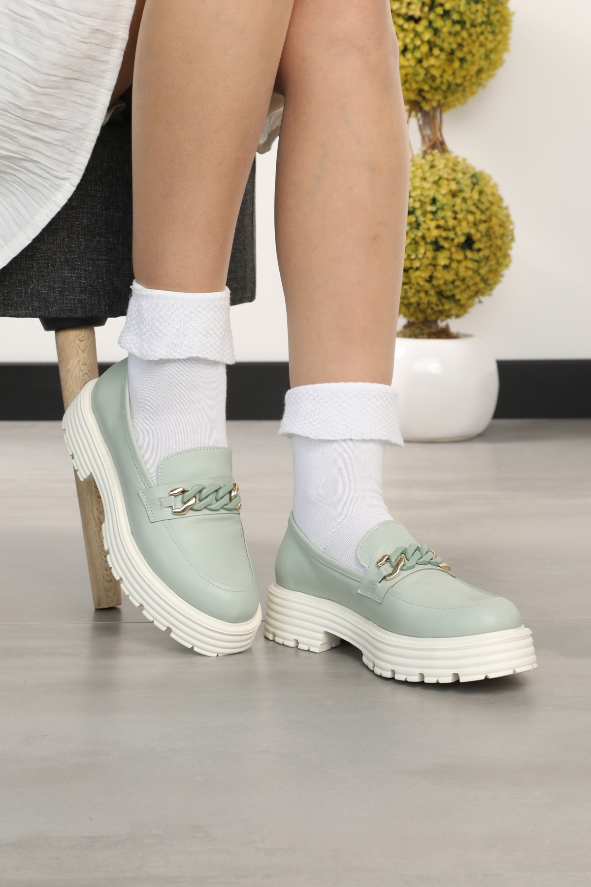 Cooliza Hakiki Deri Tokalı Günlük Kalın Taban Rahat Kadın Loafer Ayakkabı - Yeşil