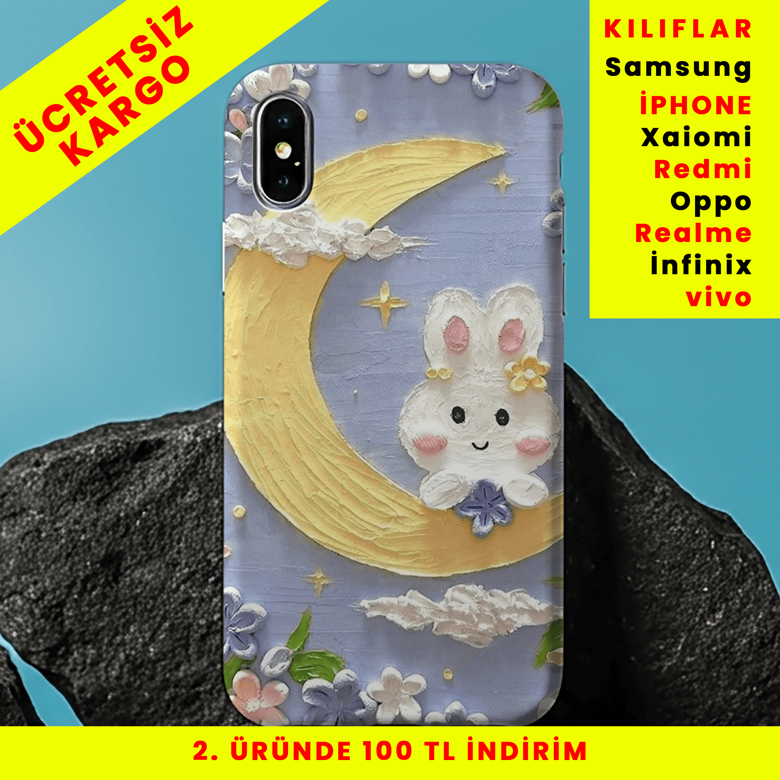 Moonlight Bunny Tasarım Baskılı Telefon Kılıfları