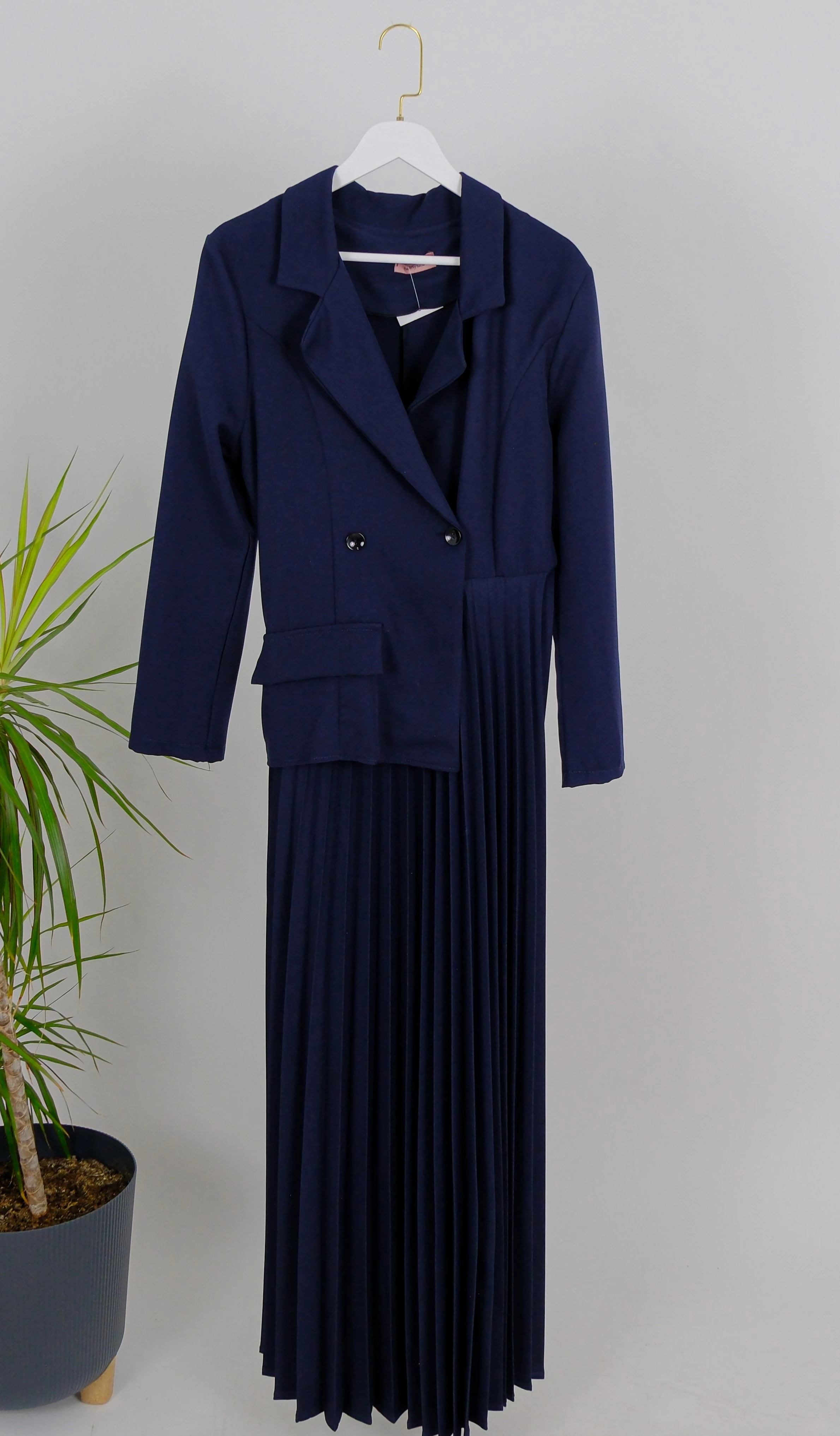 PLİSELİ CEKET DETAYLI UZUN ELBİSE - Koyu Lacivert