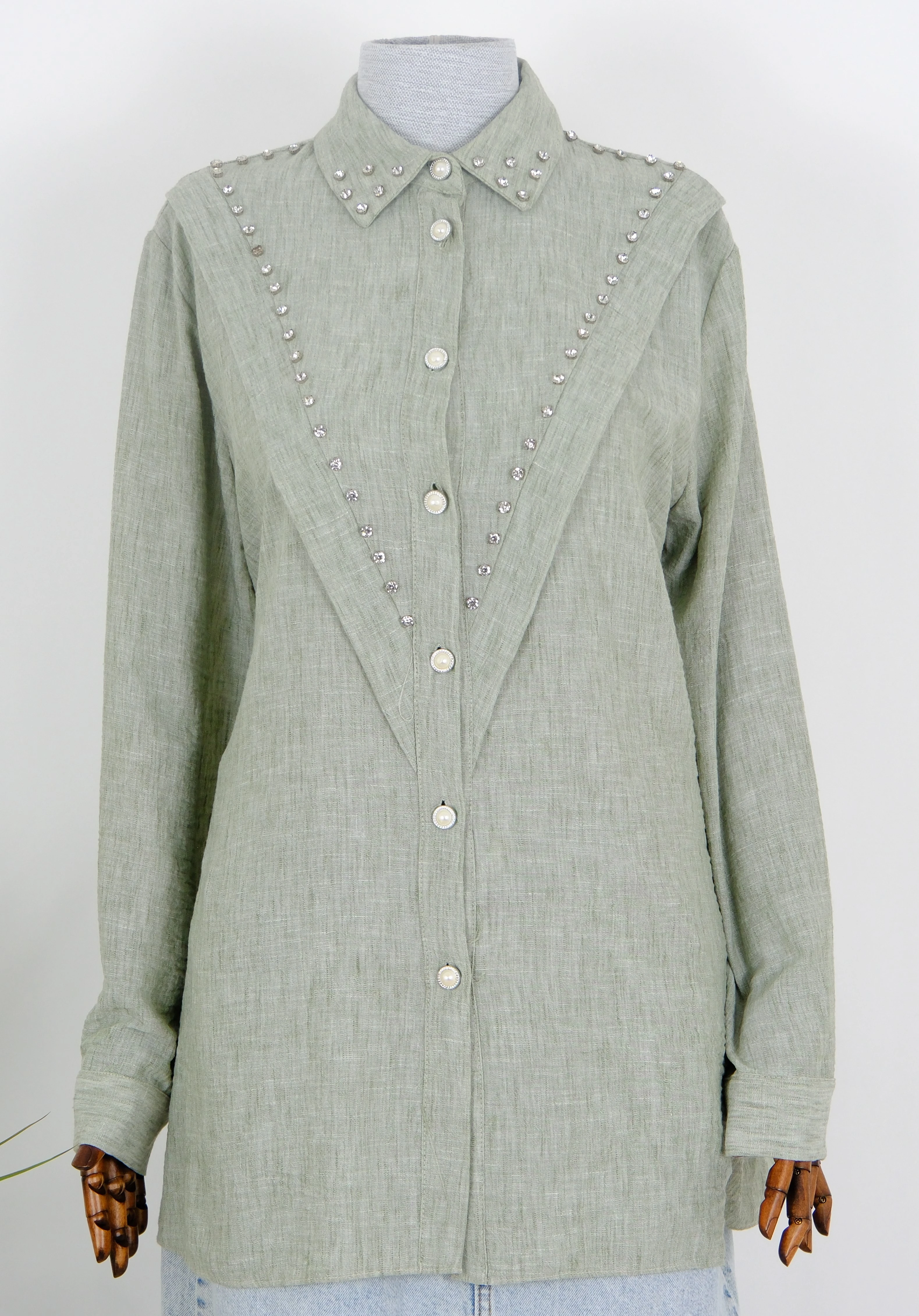 TAŞ İŞLEMELİ KETEN GÖMMLEK  - Mint Yeşil