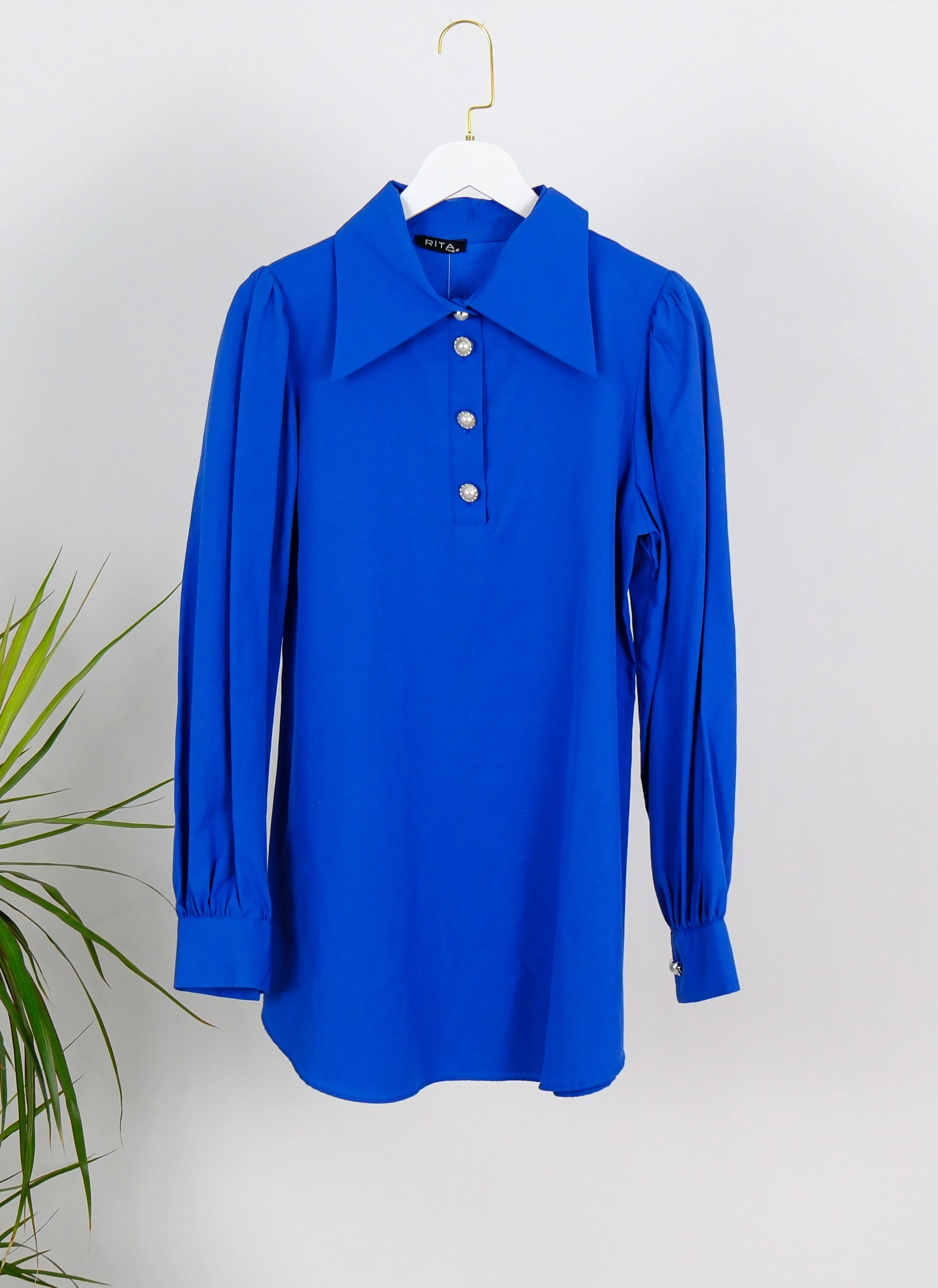 GENİŞ YAKA İNCİ DÜĞMELİ GÖMLEK  - Mavi