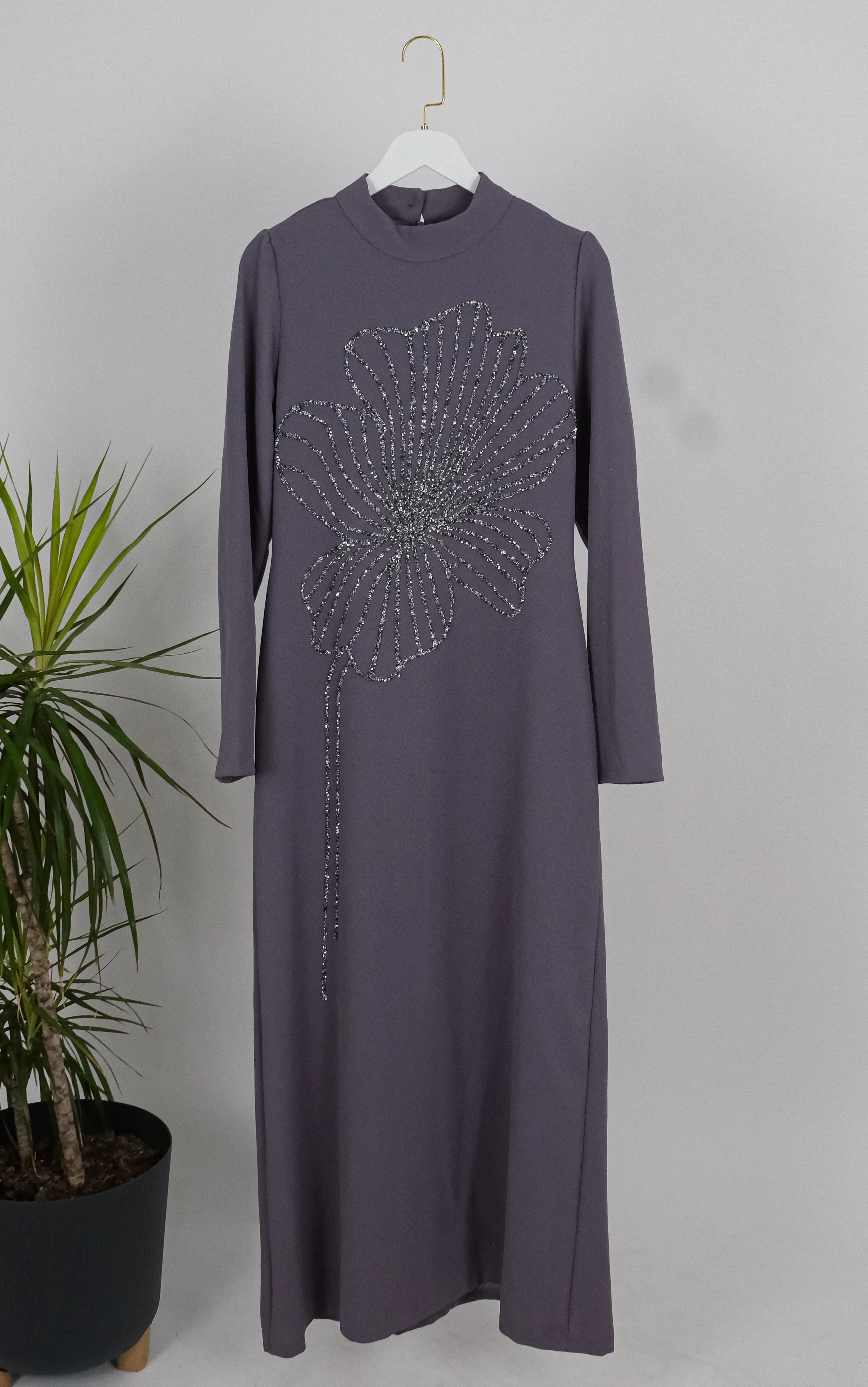 TAŞ DETAYLI ELBİSE  - Gri