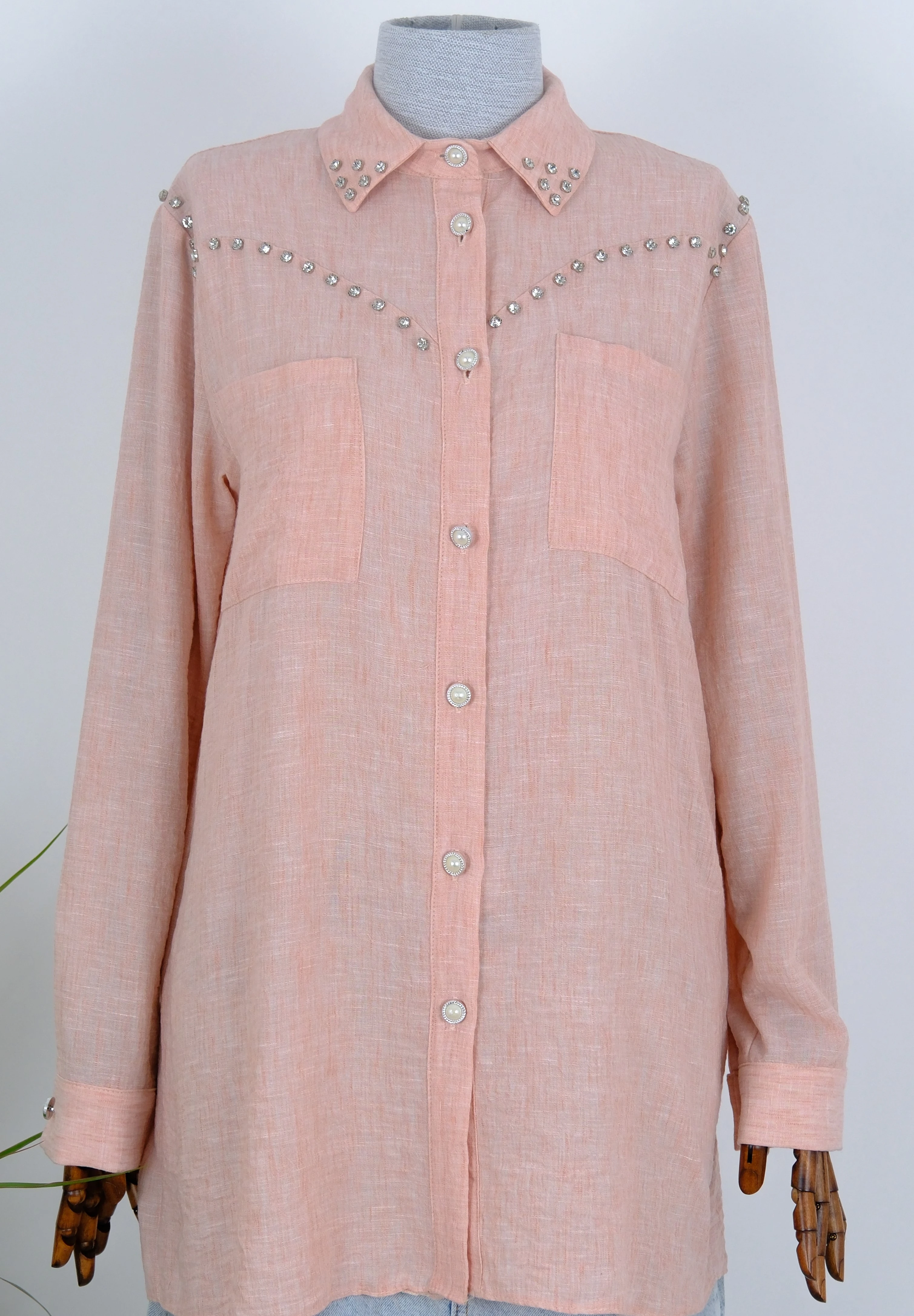 TAŞ İŞLEMELİ KETEN GÖMMLEK  - Toz Pembe