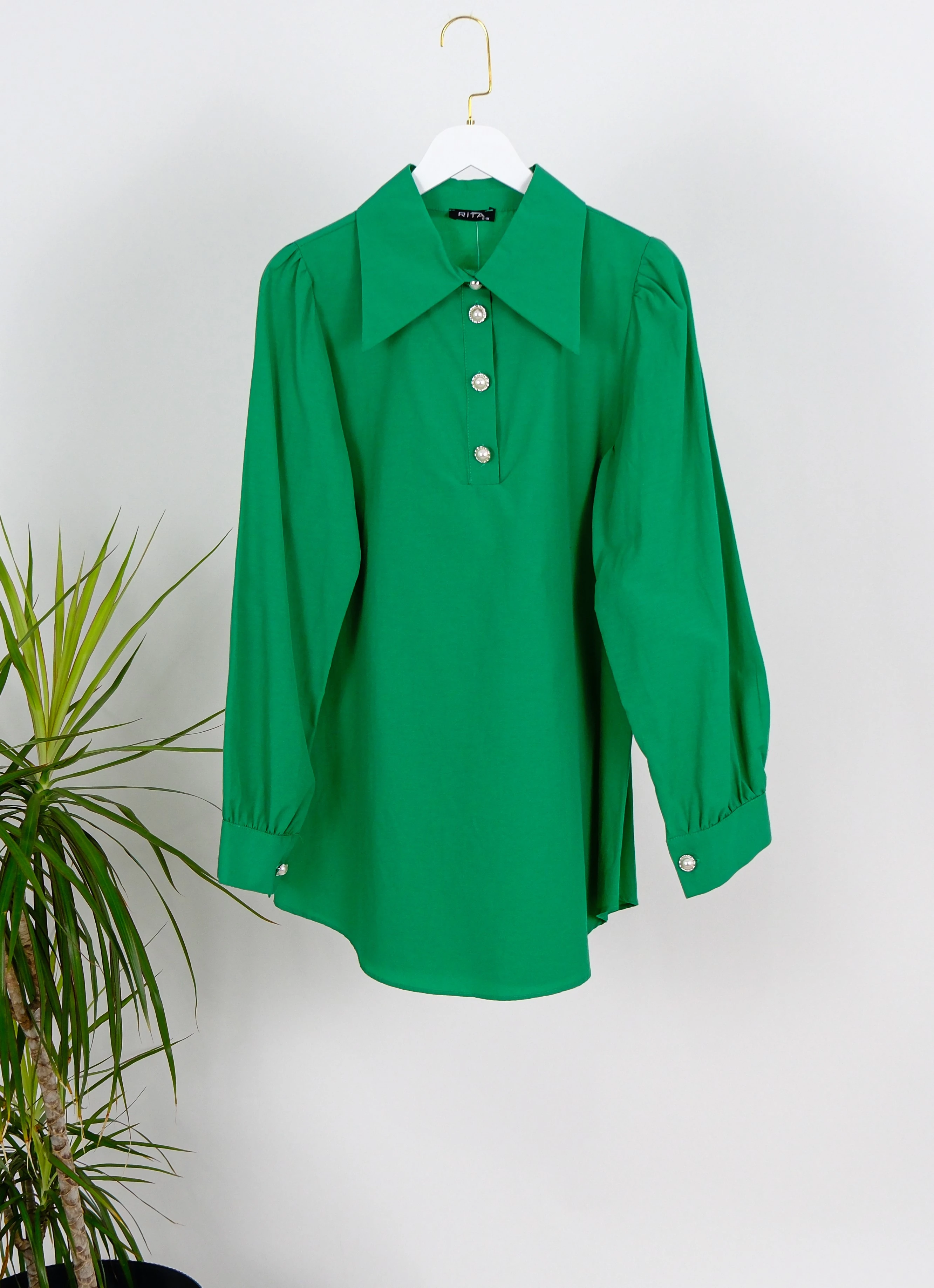 GENİŞ YAKA İNCİ DÜĞMELİ GÖMLEK  - Yeşil