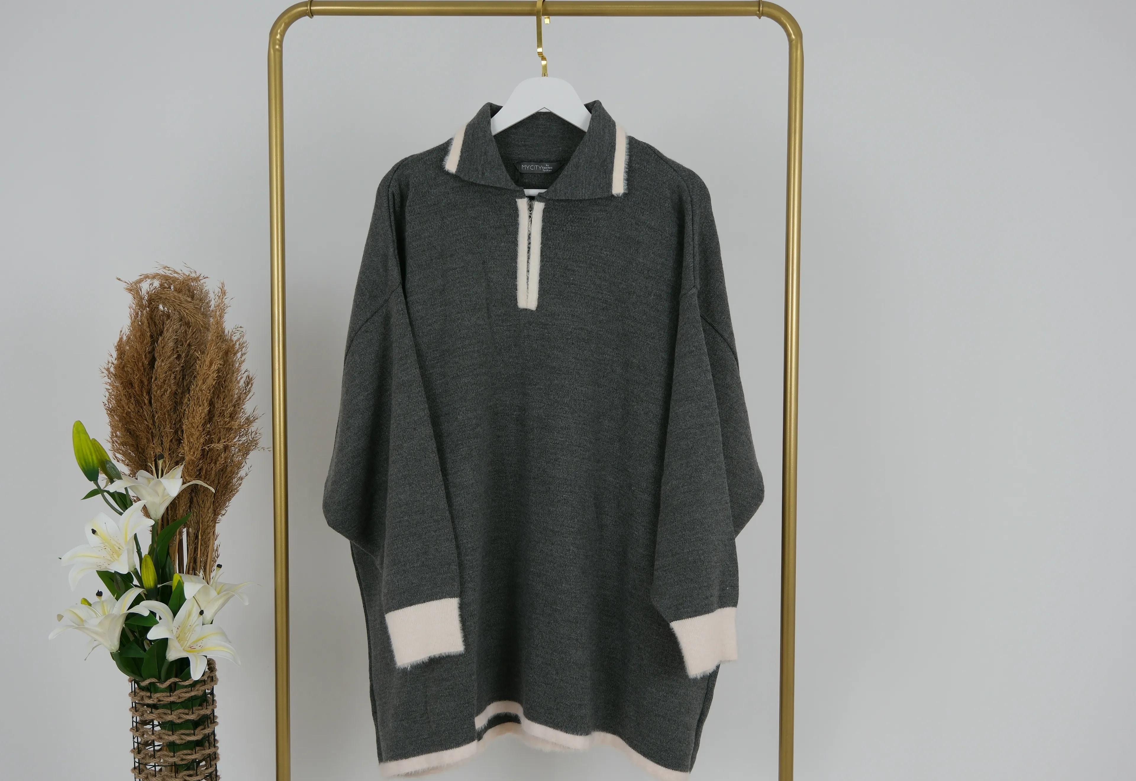 KADIN POLO YAKA TRİKO KAZAK  - Gri