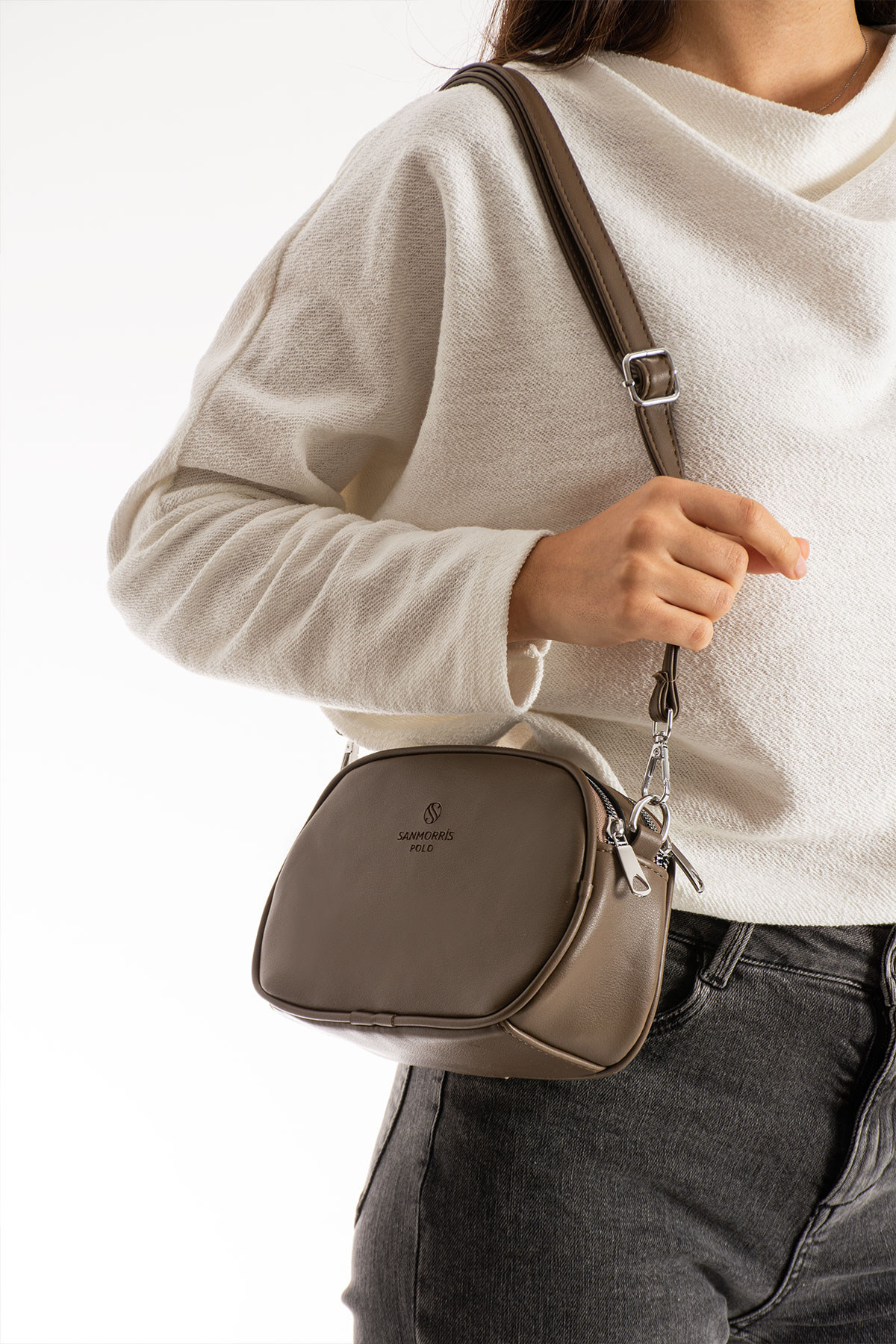 3 Gözlü Astarlı Ayarlanabilir Uzun Askılı Bayan Çapraz Çanta - Koyu Vizon