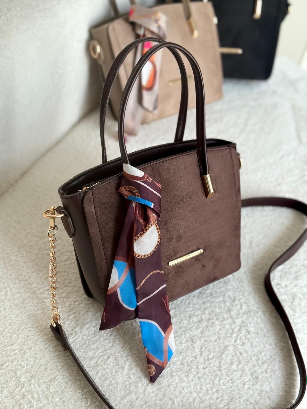 Fular Detaylı Hasır Görünümlü Yarı Zincir Yarı Deri Askılı Bayan Çapraz Çanta  - Kahve