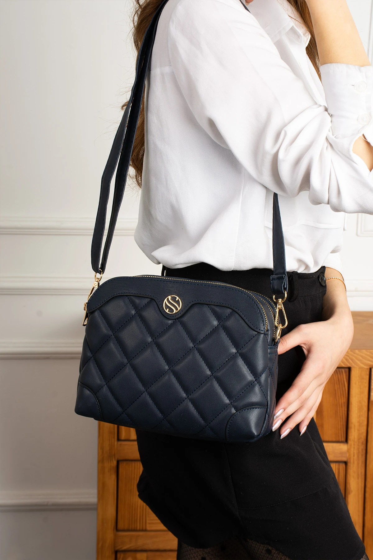 3 Bölmeli Astarlı Ayarlanabilir Uzun Askılı Bayan Çapraz Çanta - Lacivert