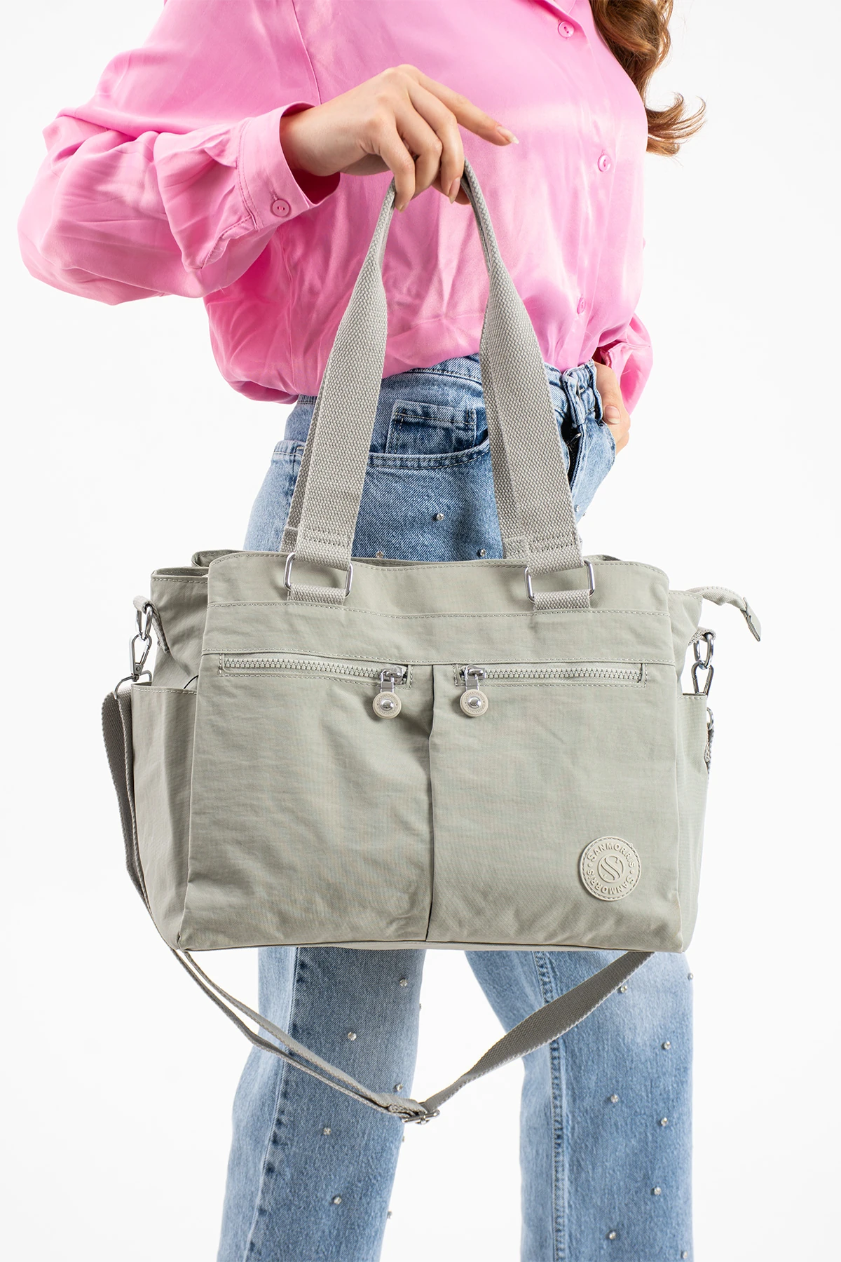 8 Bölmeli Astarlı Klınkır Su Geçirmez Ayarlanabilir Uzun Askılı Bayan Çapraz Çanta - Açık Gri