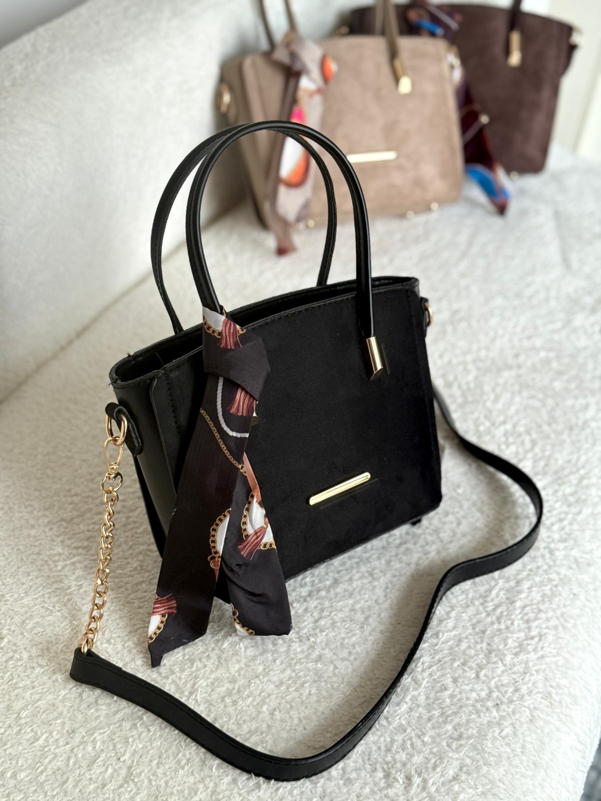 Fular Detaylı Hasır Görünümlü Yarı Zincir Yarı Deri Askılı Bayan Çapraz Çanta  - Siyah