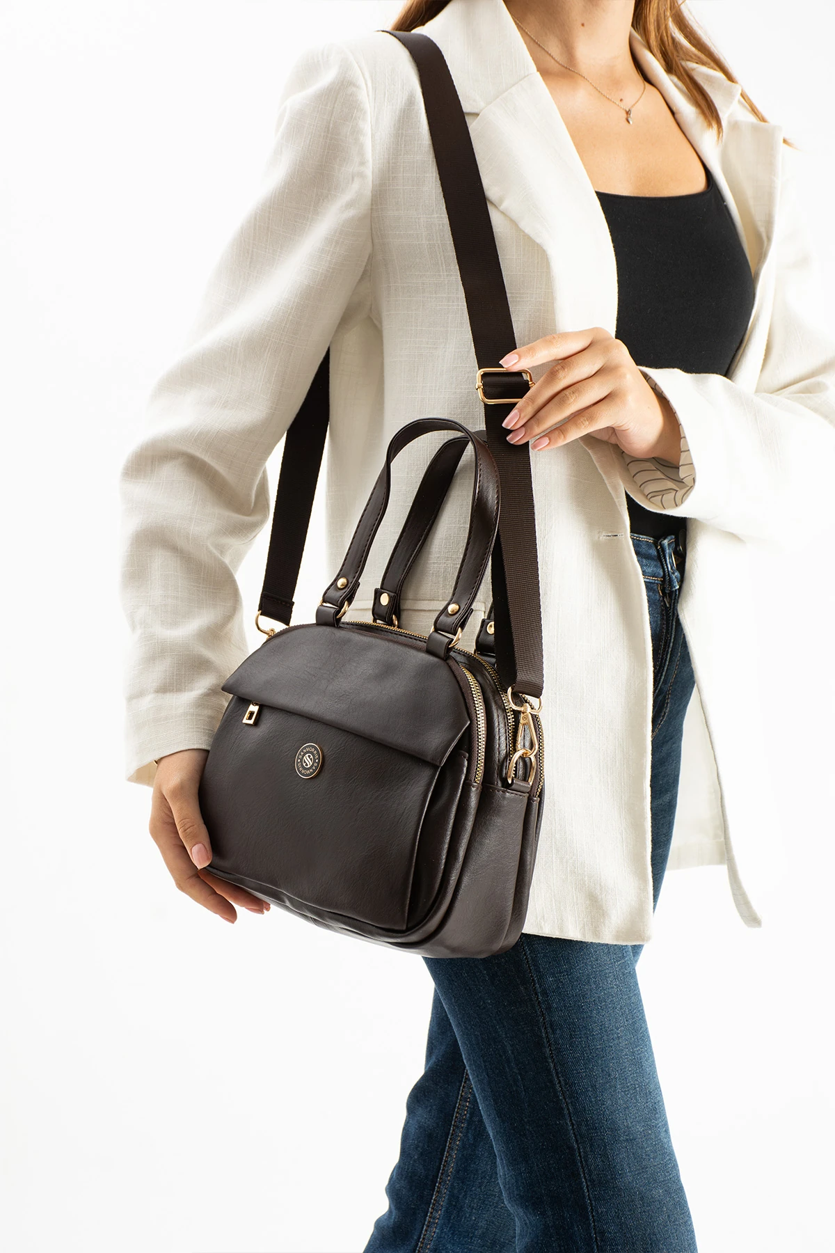 5 Gözlü Astarlı Ayarlanabilir Kolon Askılı Bayan El Ve Çapraz Çanta  - Kahve