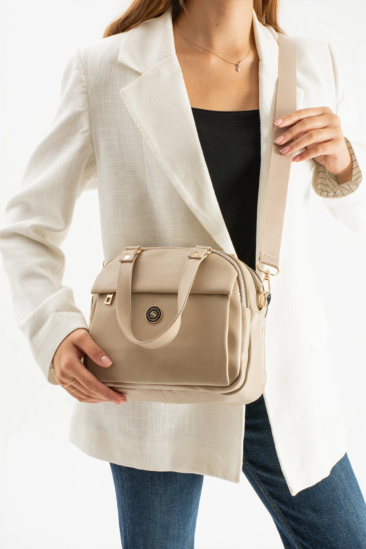 5 Gözlü Astarlı Ayarlanabilir Kolon Askılı Bayan El Ve Çapraz Çanta  - Vizon