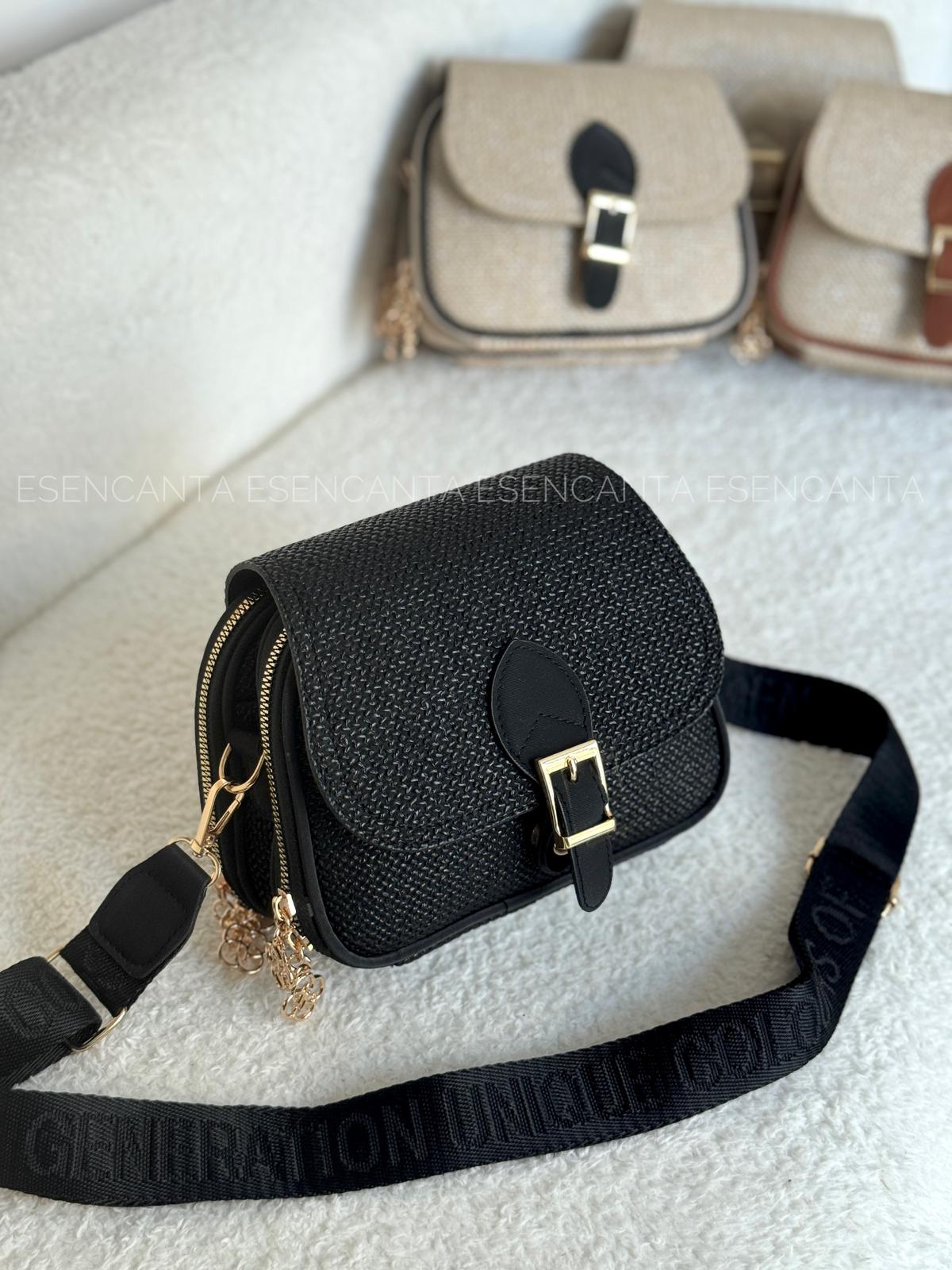 Mini Boy 3 Gözlü Hasır Görünümlü Yazılı Kolon Askılı Bayan Çapraz Çanta